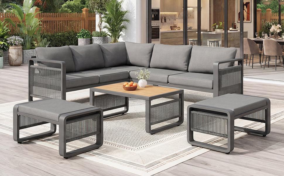 Garden Lounge Set, 6-7 Person Weatherproof Corner Sofa with Hand-Woven Rope and Cushions, Grey Iron