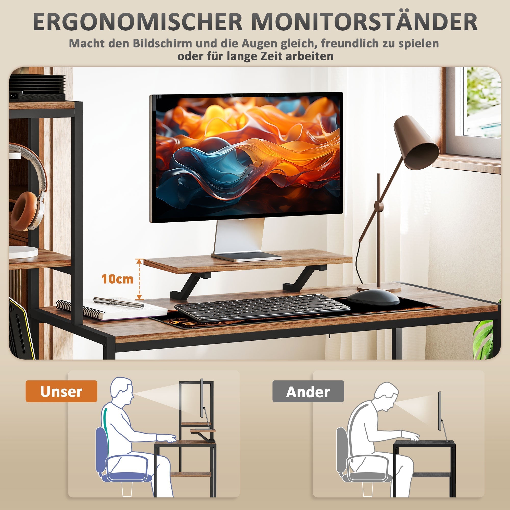 Computer Desk, Monitor Stand CPU Stand Printer Shelf 4 Shelves, Brown
