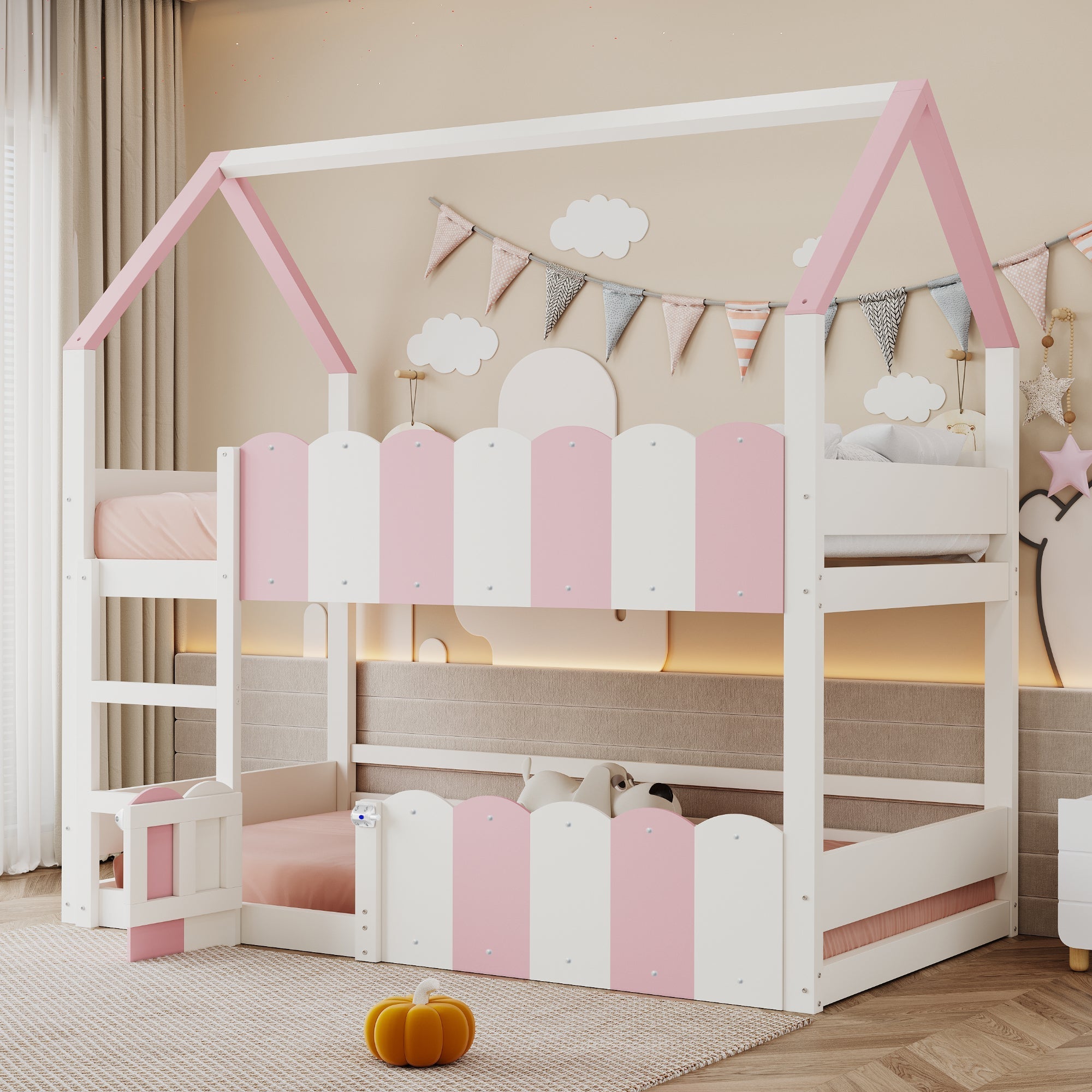 Children's Bunk Bed House-Shaped 90x200 cm Safety Rails Pink