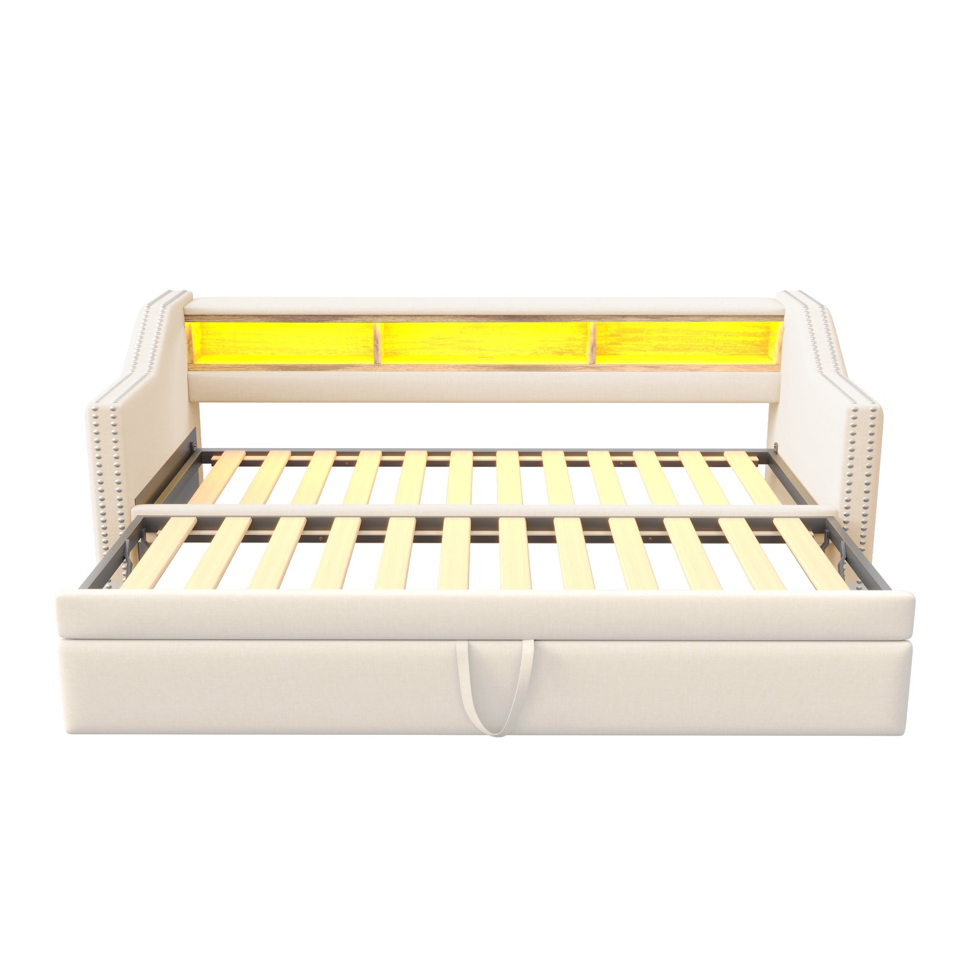 Upholstered Sofa Bed, Pull-Out with Storage, LED & USB, Beige