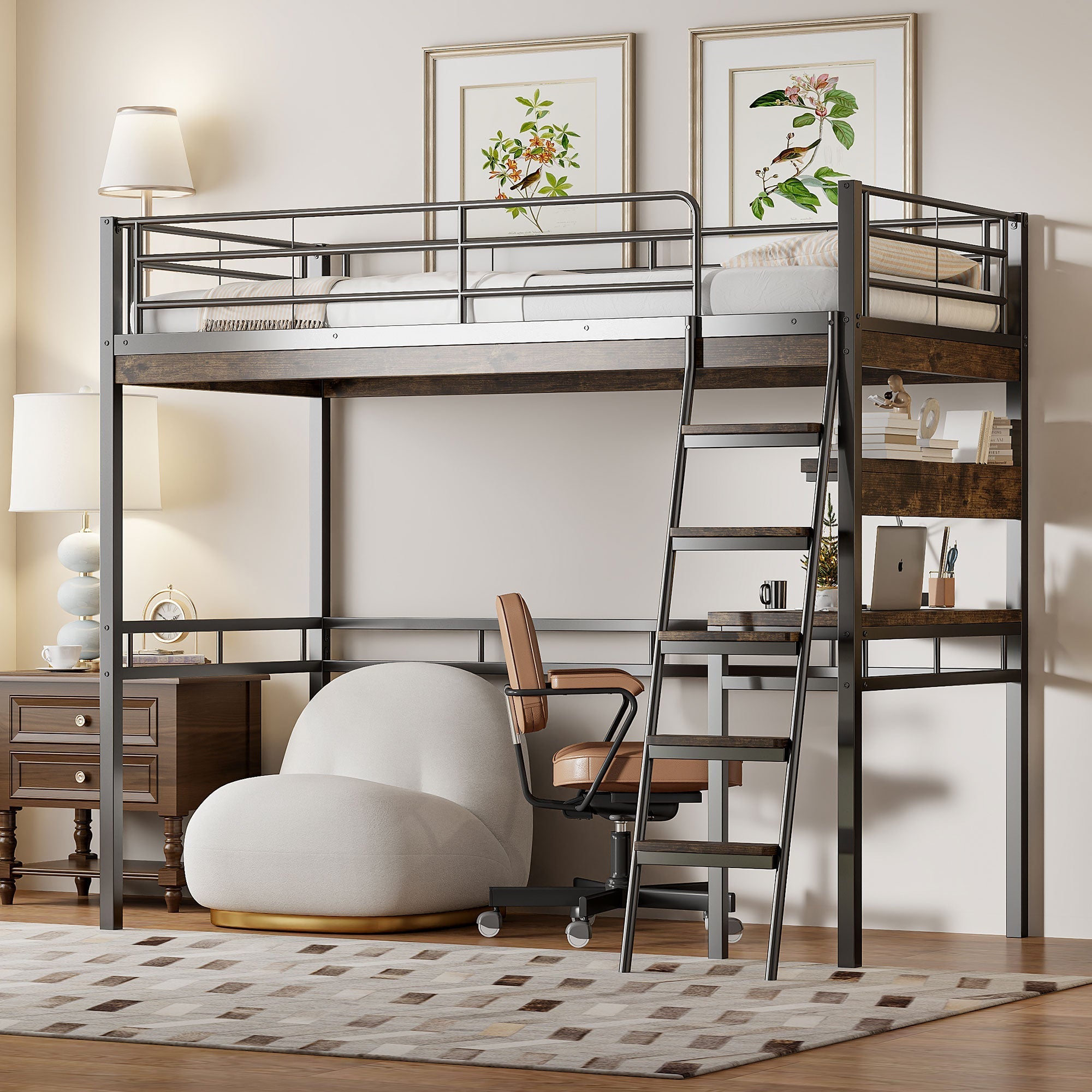 Loft Bed 90x200cm with Desk Shelves Ladder - Black Iron