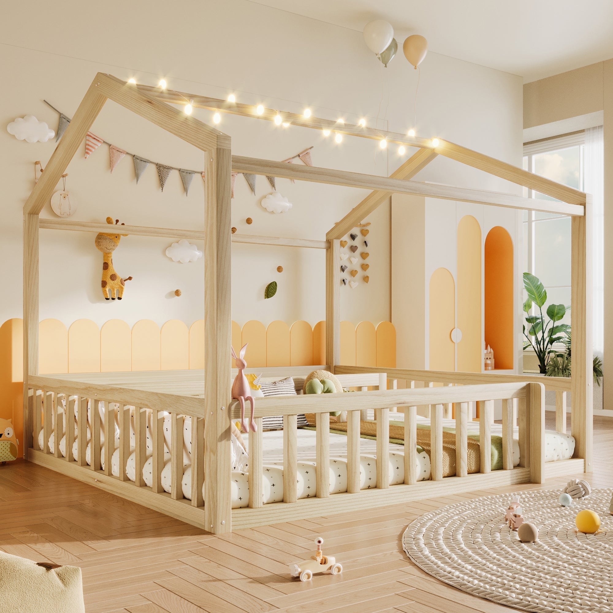 Children's Flatbed Expandable 90/180x190cm House Railing LED Pine Wood Natural
