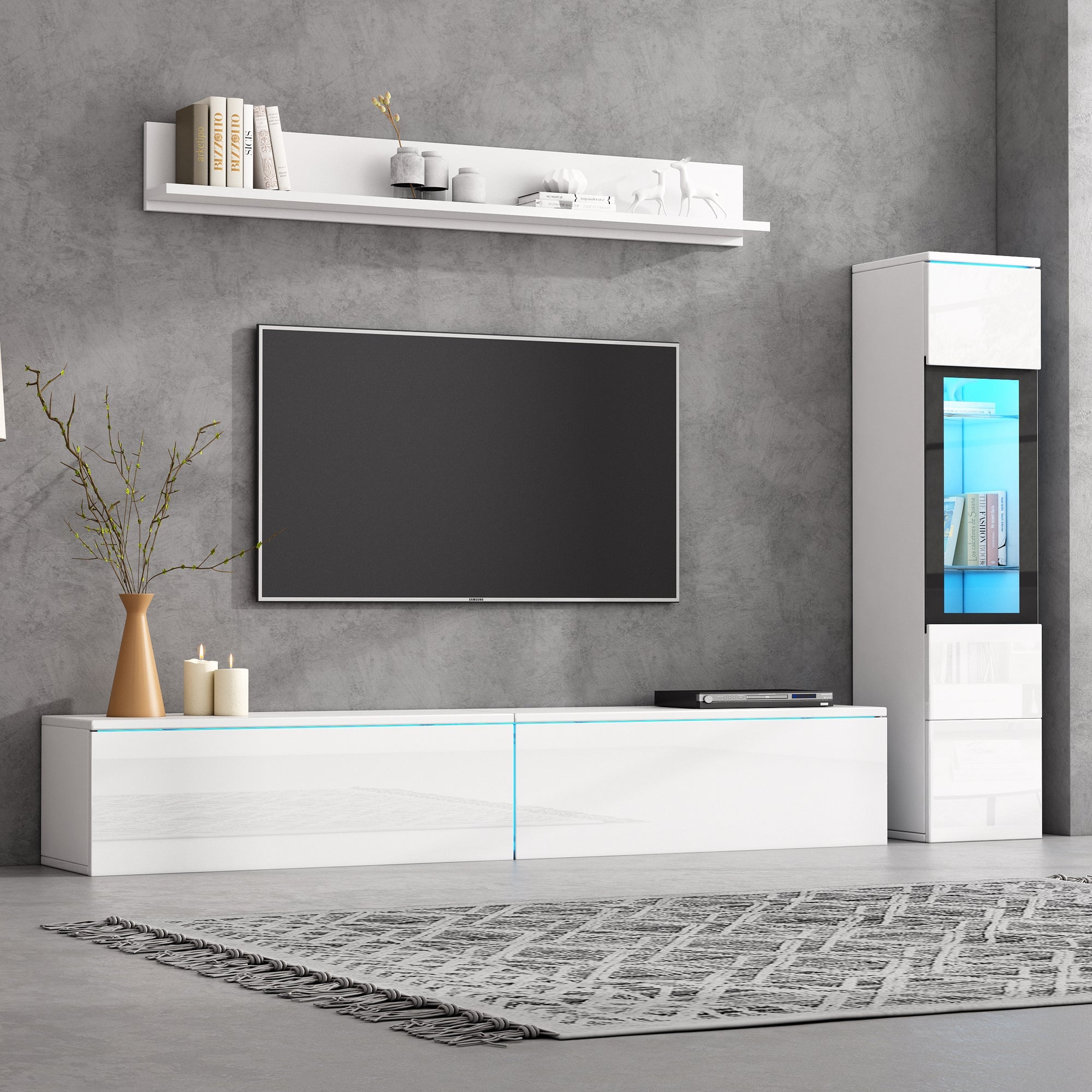 TV Wall Unit Set, 3-Piece LED Lighting, High Gloss White