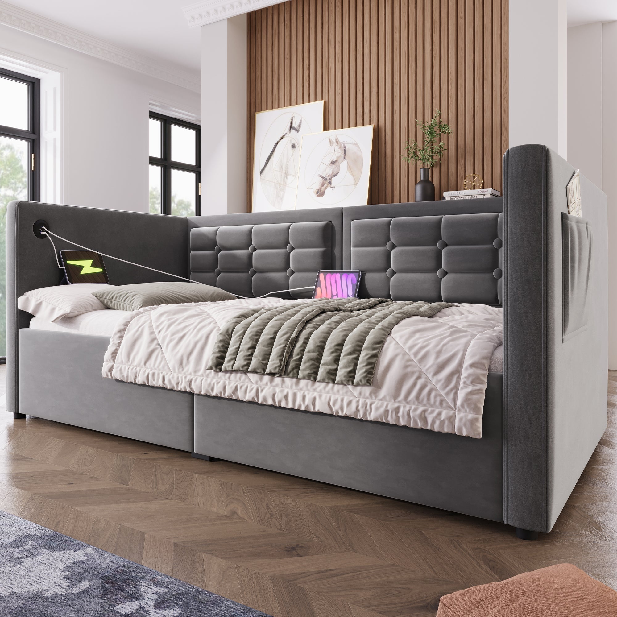 Daybed Upholstered Bed 90 x 190 cm 3FT Single Sofa Bed with Charging Station, Hydraulic Storage, Velvet Grey (No Mattress)