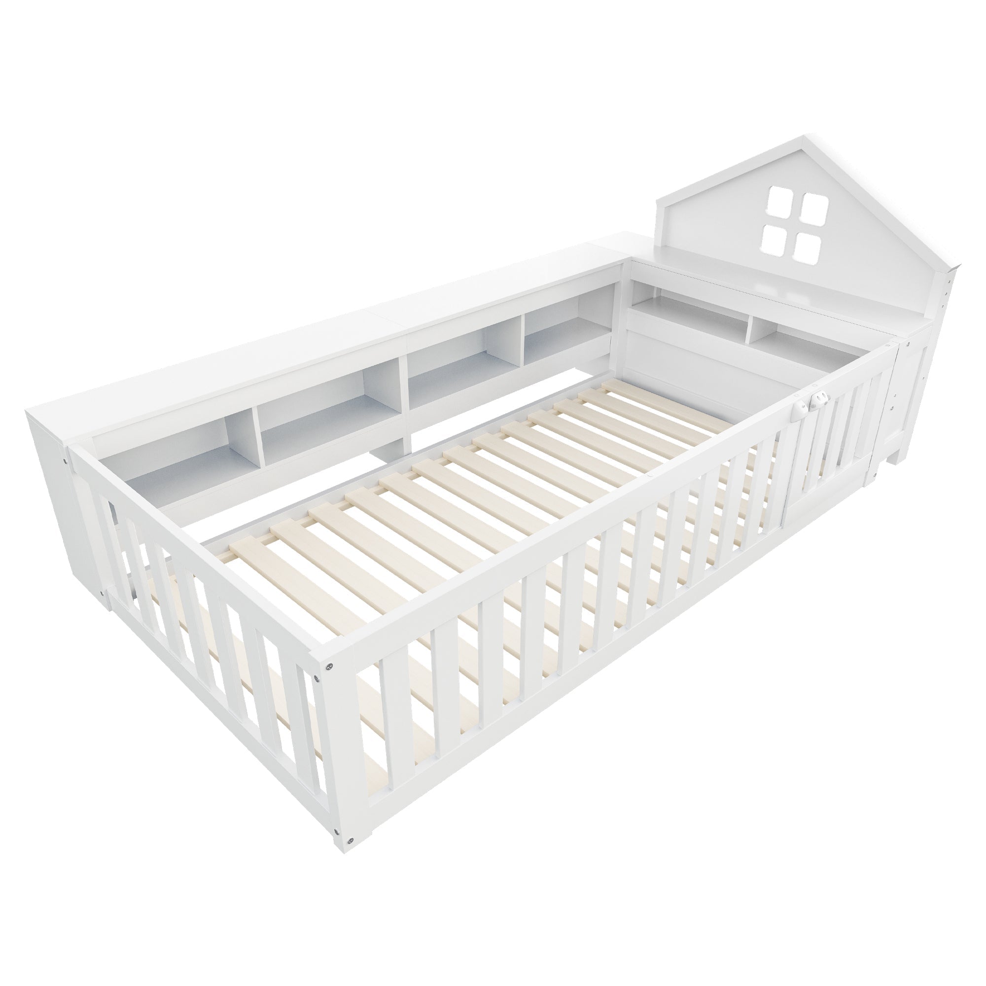 Children's Bed 90x200cm, Roof & Window, Storage, Safety Gate & Door, Solid Wood, White