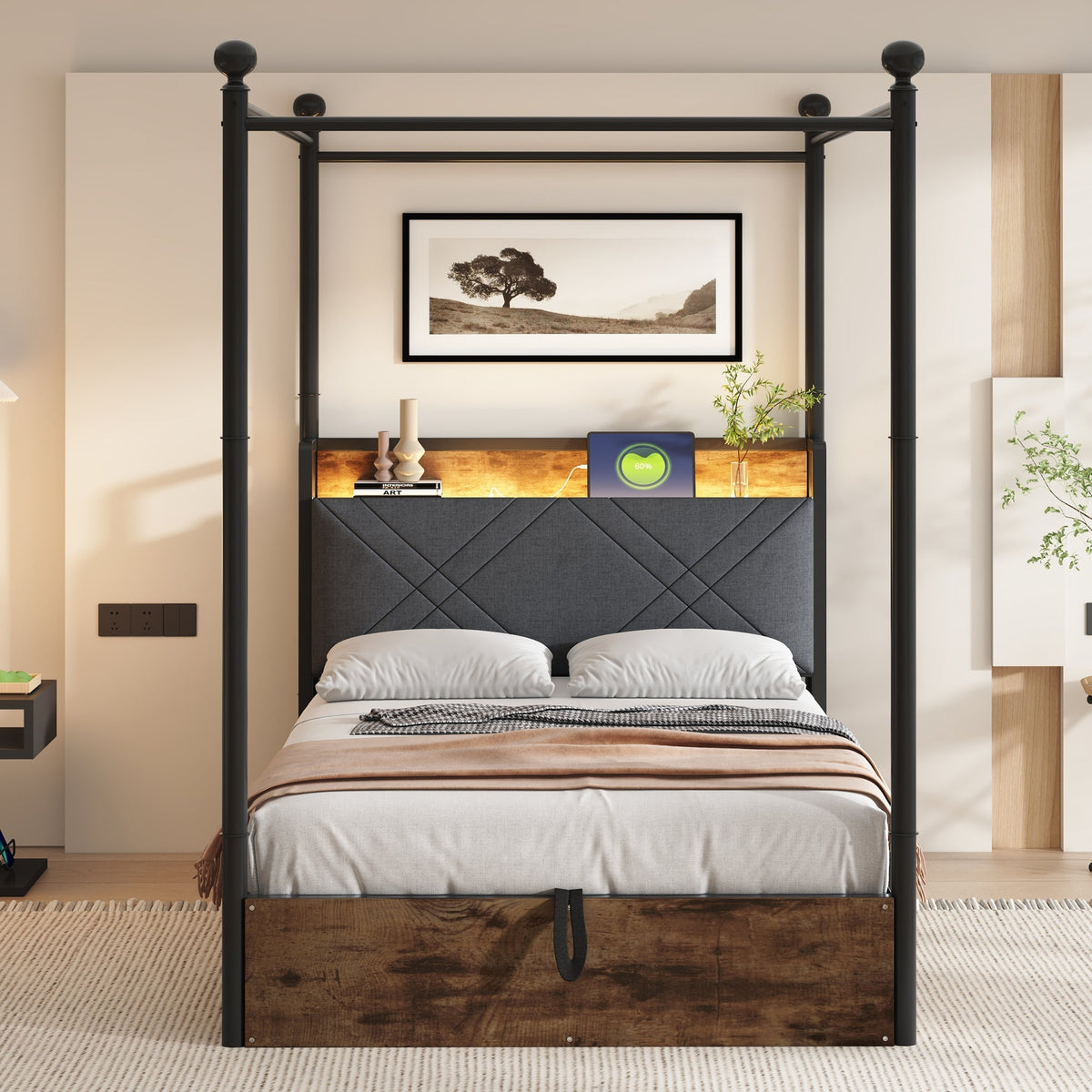 Multifunctional Single Bed 90x190 Hydraulic Storage Canopy LED/USB, Iron Black