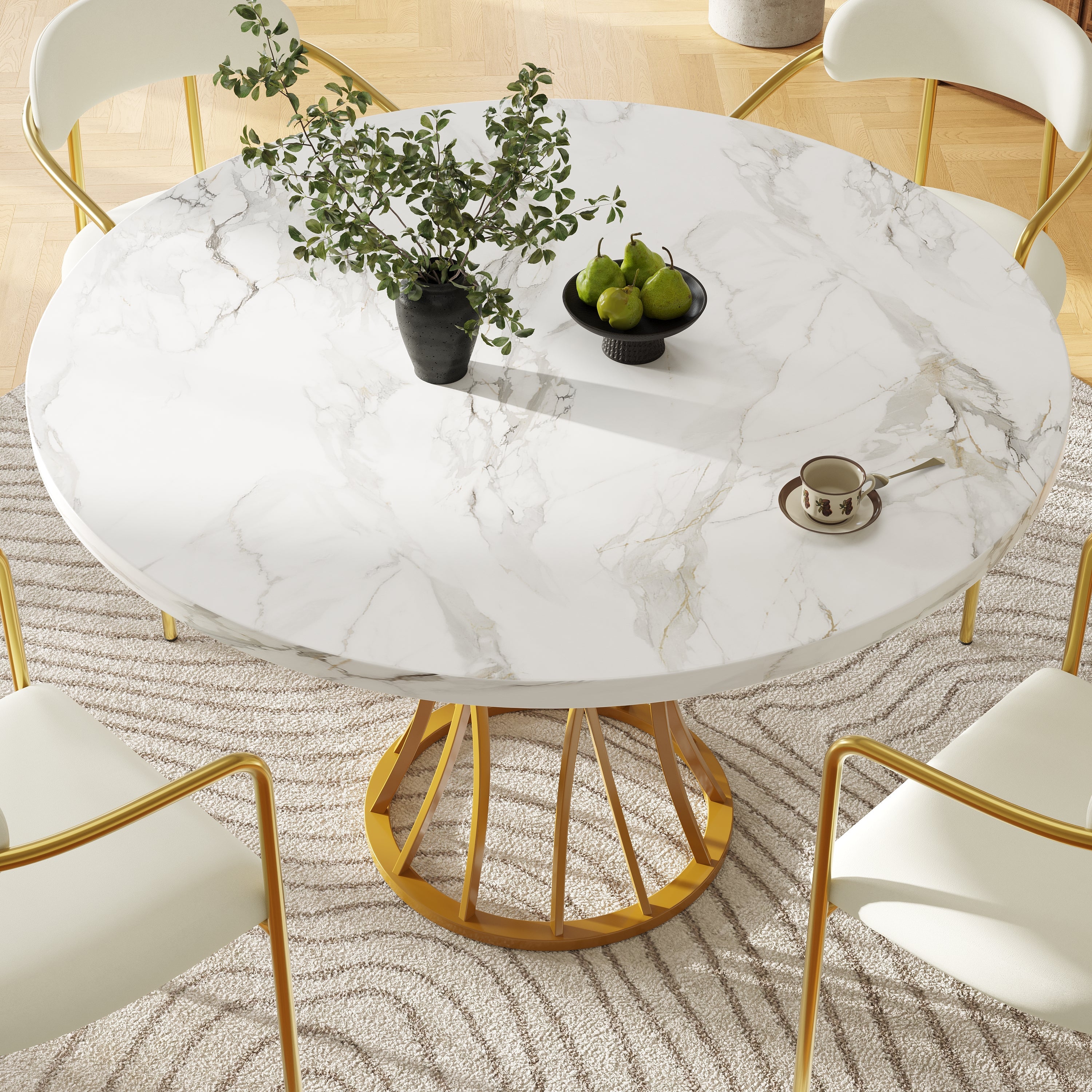 Round Dining Table 80cm 4-6 Seater Marbled Top - Gold Legs