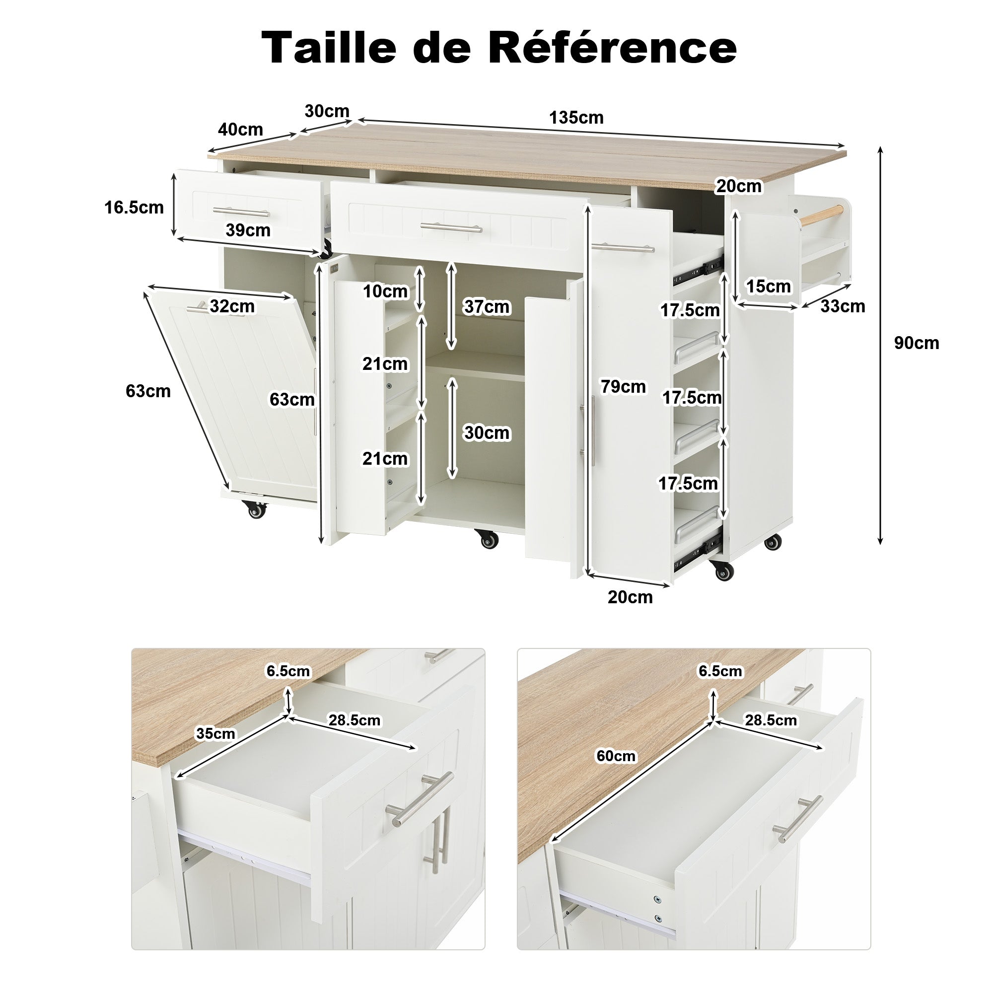 Kitchen Island Trolley with USB Port, Fold-Down Worktop & Storage, White