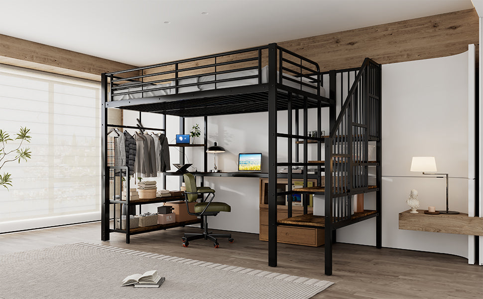Iron Bed, Loft with Side Ladder & Charging Port, Black Iron + MDF