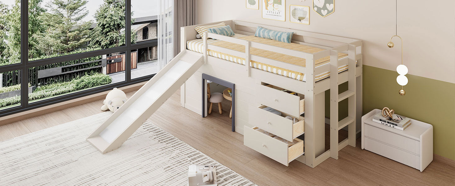Loft Bed, 90 x 200 with Slide, 3 Drawers & 2 Doors, Cream