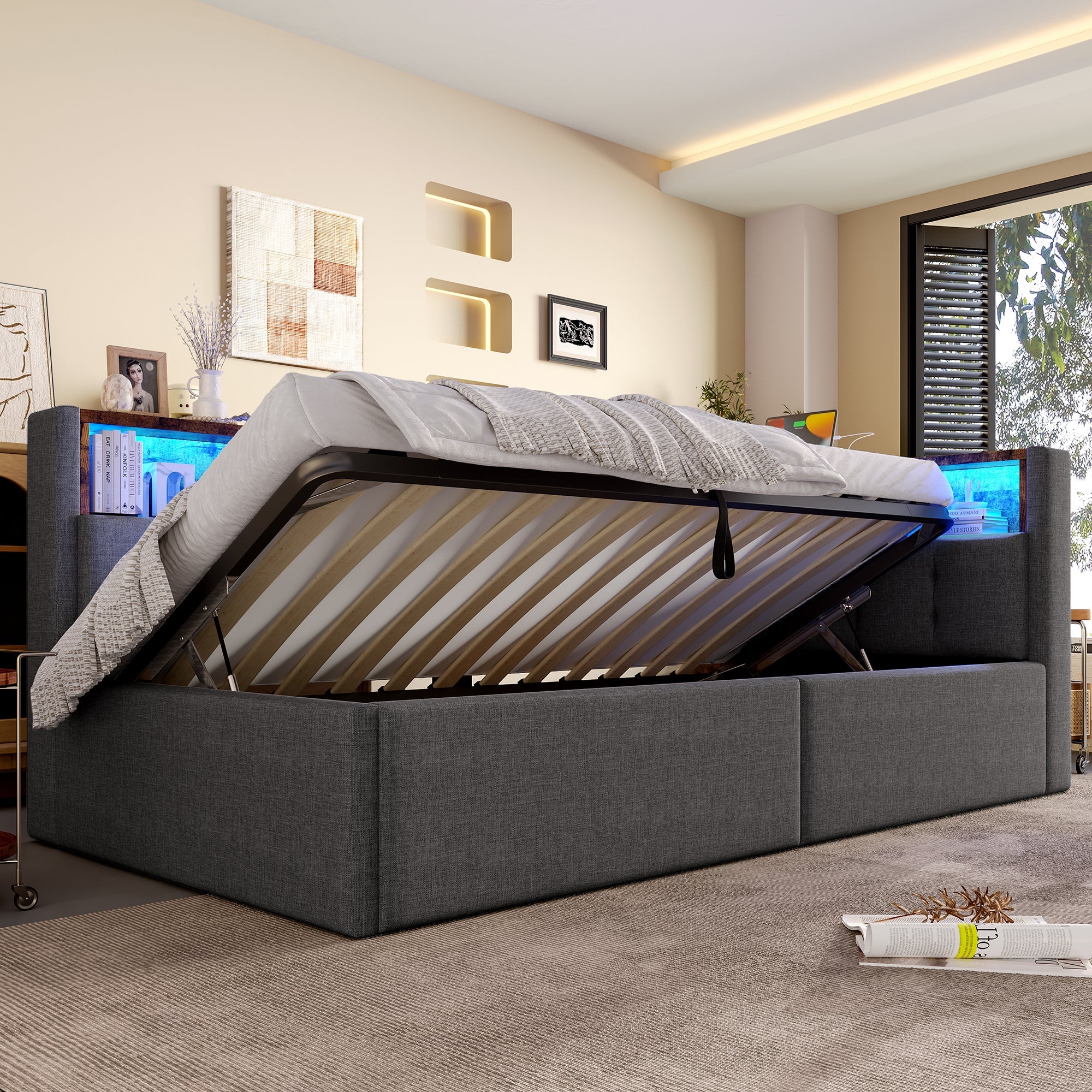 Daybed 90x200cm Hydraulic Storage LED USB/Type-C - Linen Grey