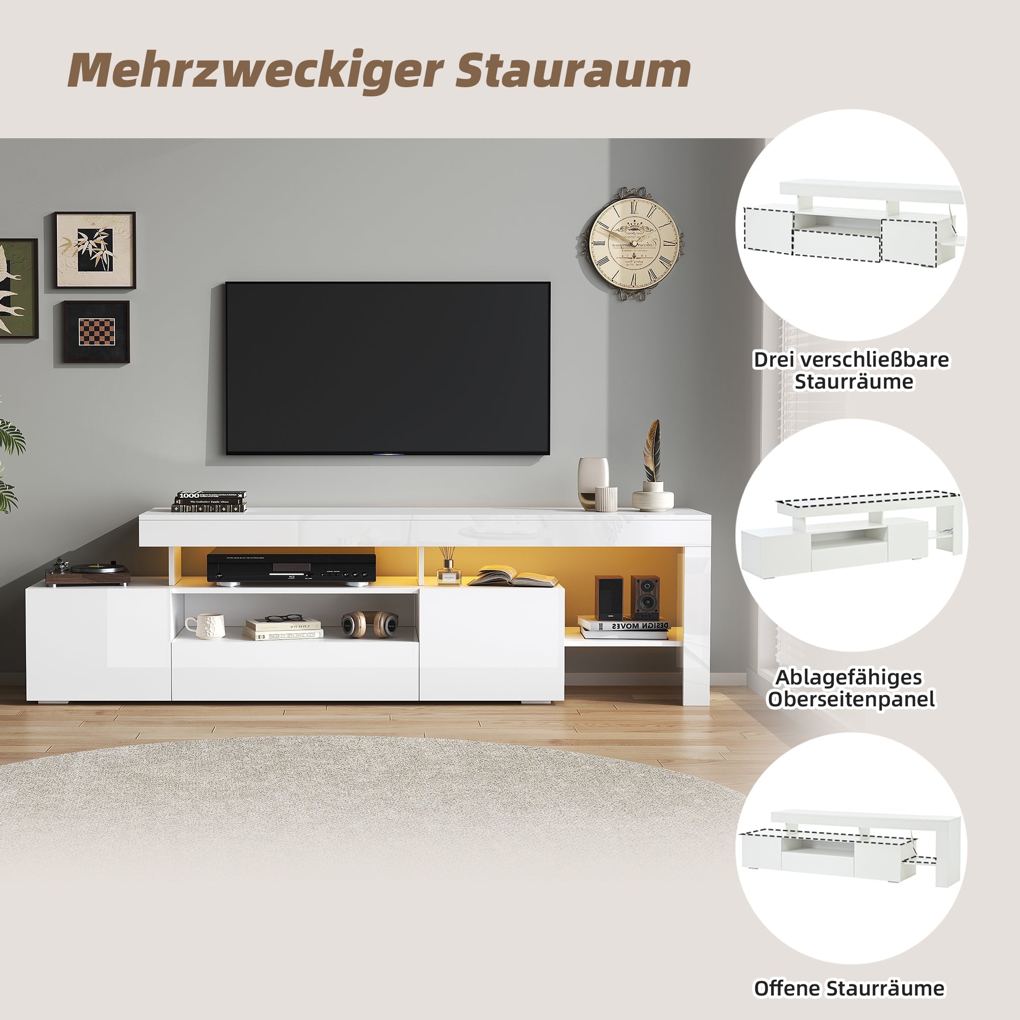 TV Cabinet, 192x37x53cm with 3 Cabinets, LED High-Gloss, White
