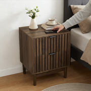 Mid-Century Modern Nightstand with Two Drawers and Slatted Design, 45 x 39 x 56.5 cm, Walnut Wood