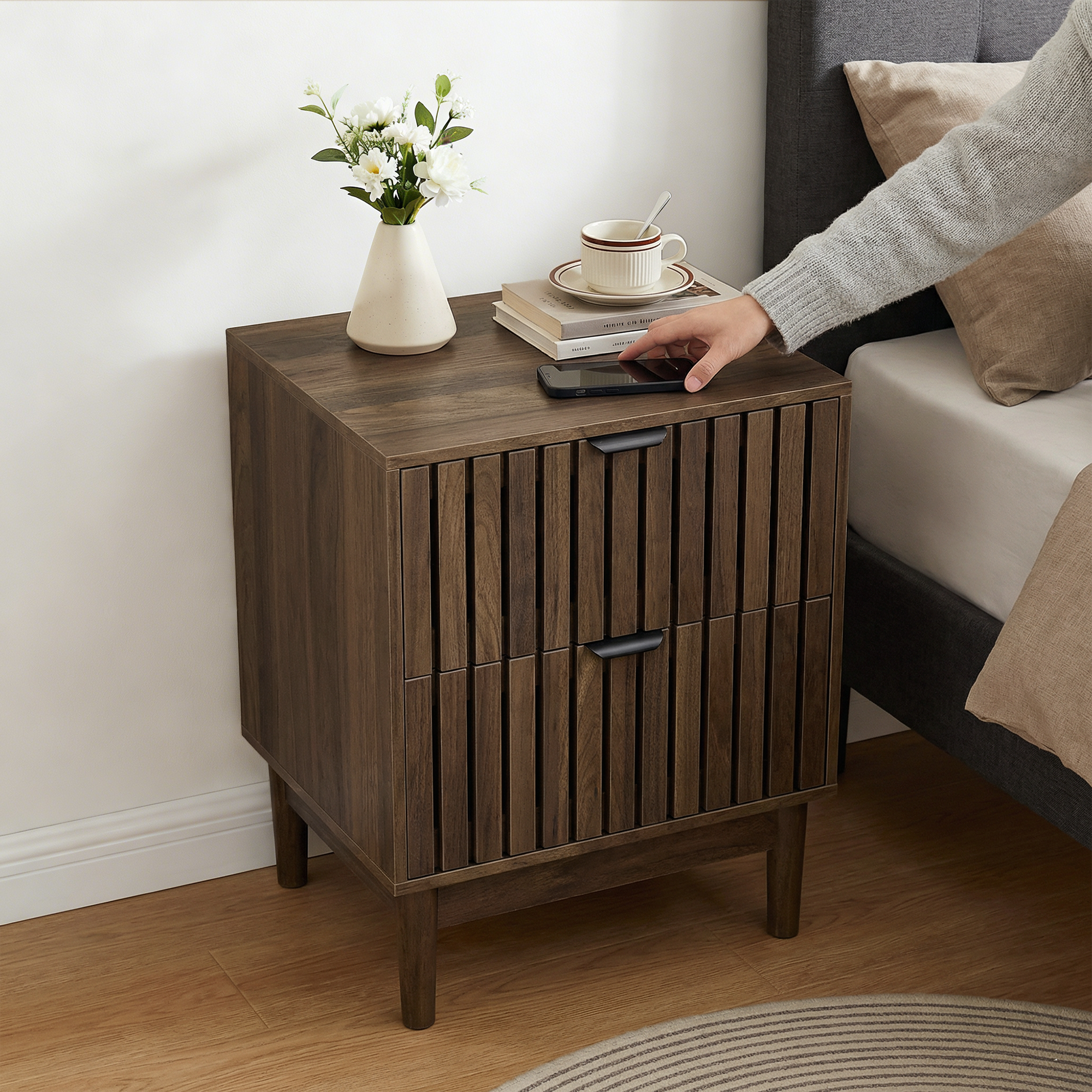 Mid-Century Modern Nightstand with Two Drawers and Slatted Design, 45 x 39 x 56.5 cm, Walnut Wood