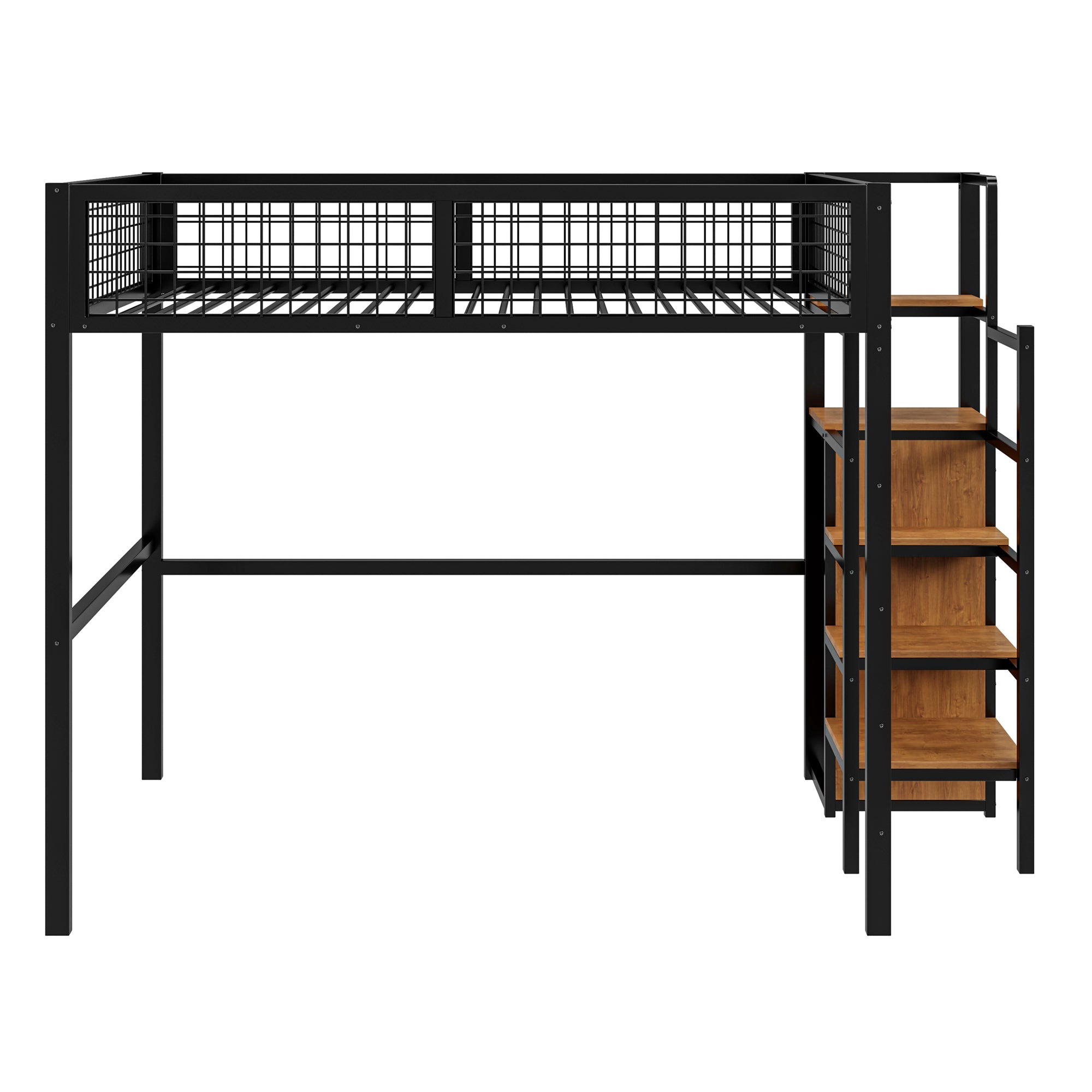 Loft Bed 140*200, Ladder & Storage, Iron Frame, Black