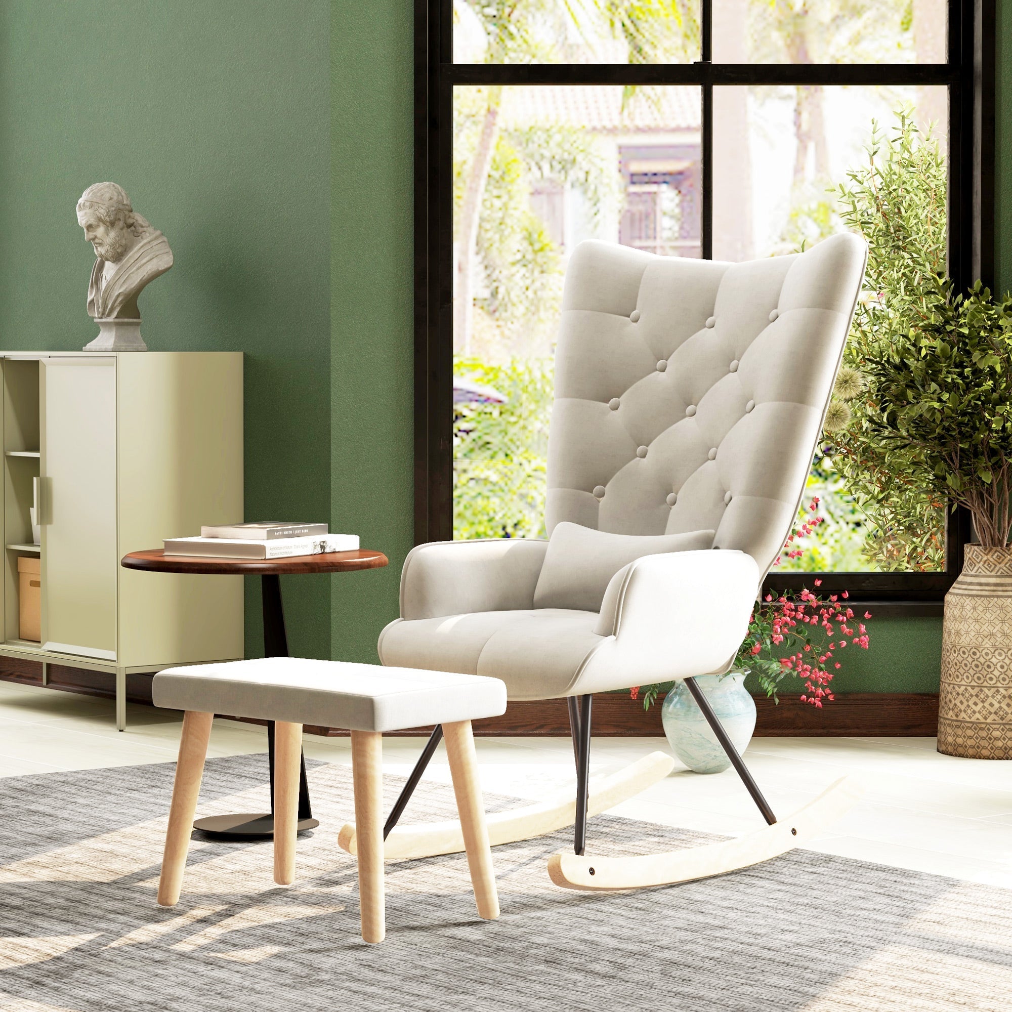Rocking Chair with Stool, Cushion, Wingback, Cream White Velvet