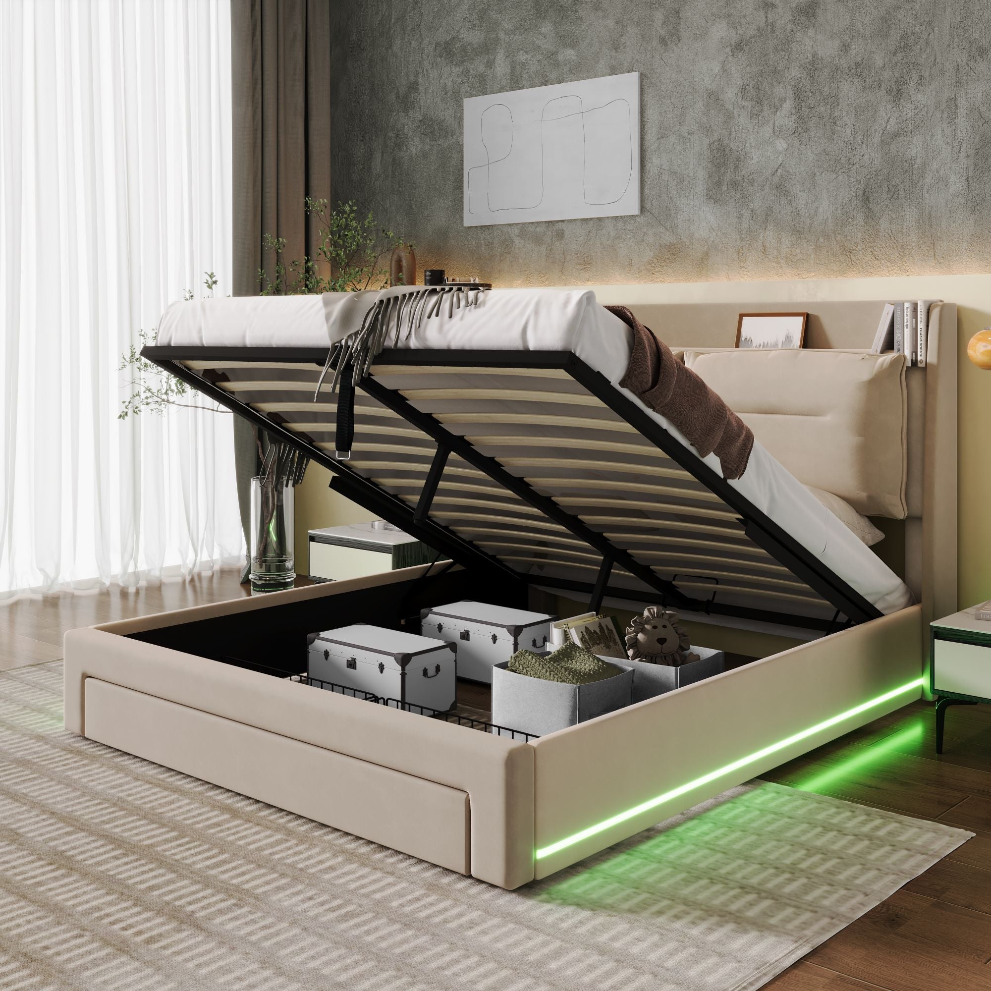 Upholstered Bed 140x200cm Hydraulic Storage LED Drawers Slatted Base - Velvet Beige