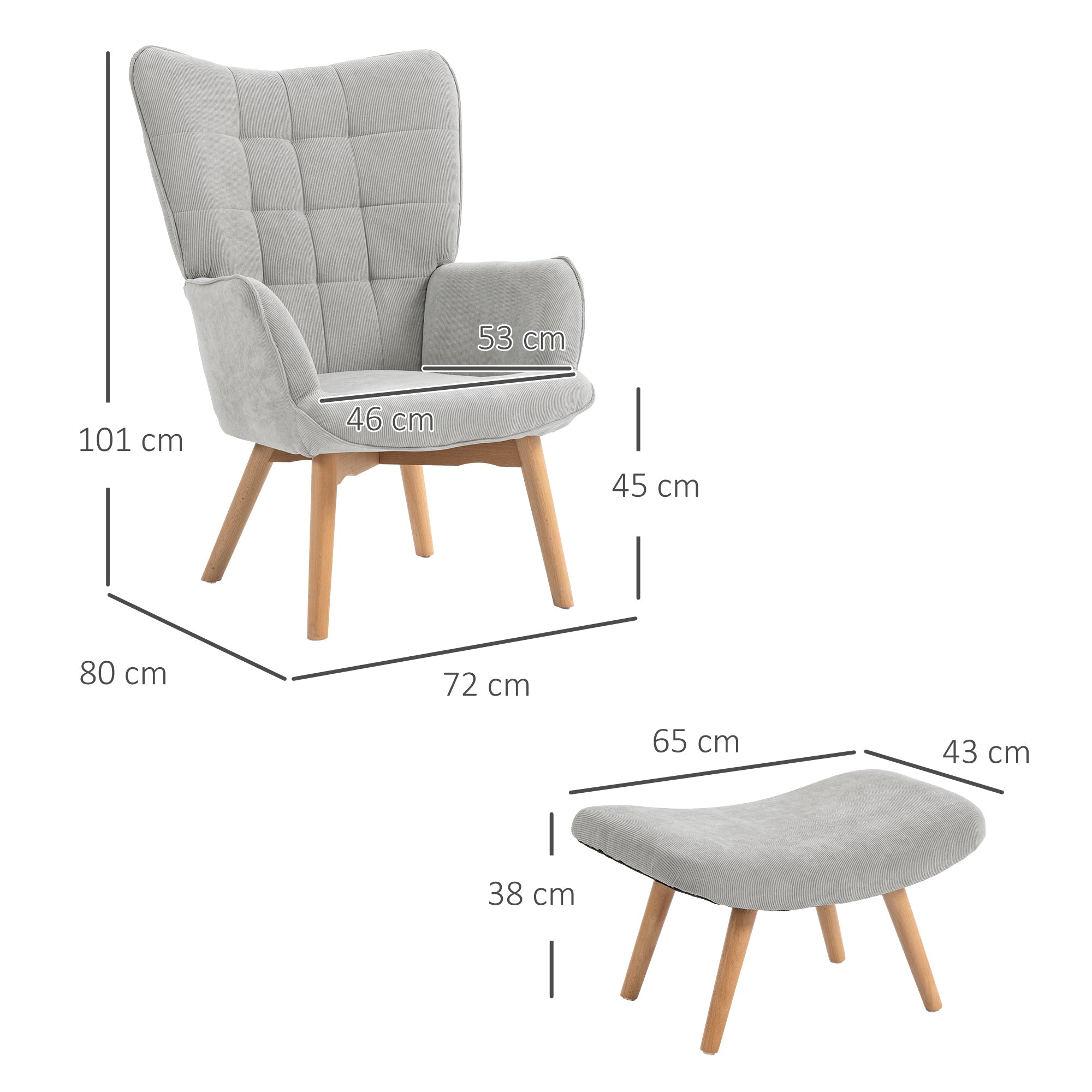 Wingback Chair with Footstool, Upholstered Relaxing Chair, Grey Corduroy
