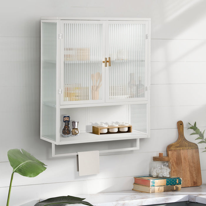 60CM Wall Cabinet with Glass Doors, Two-tier Enclosed Storage, Open Shelf, Towel Rack, White