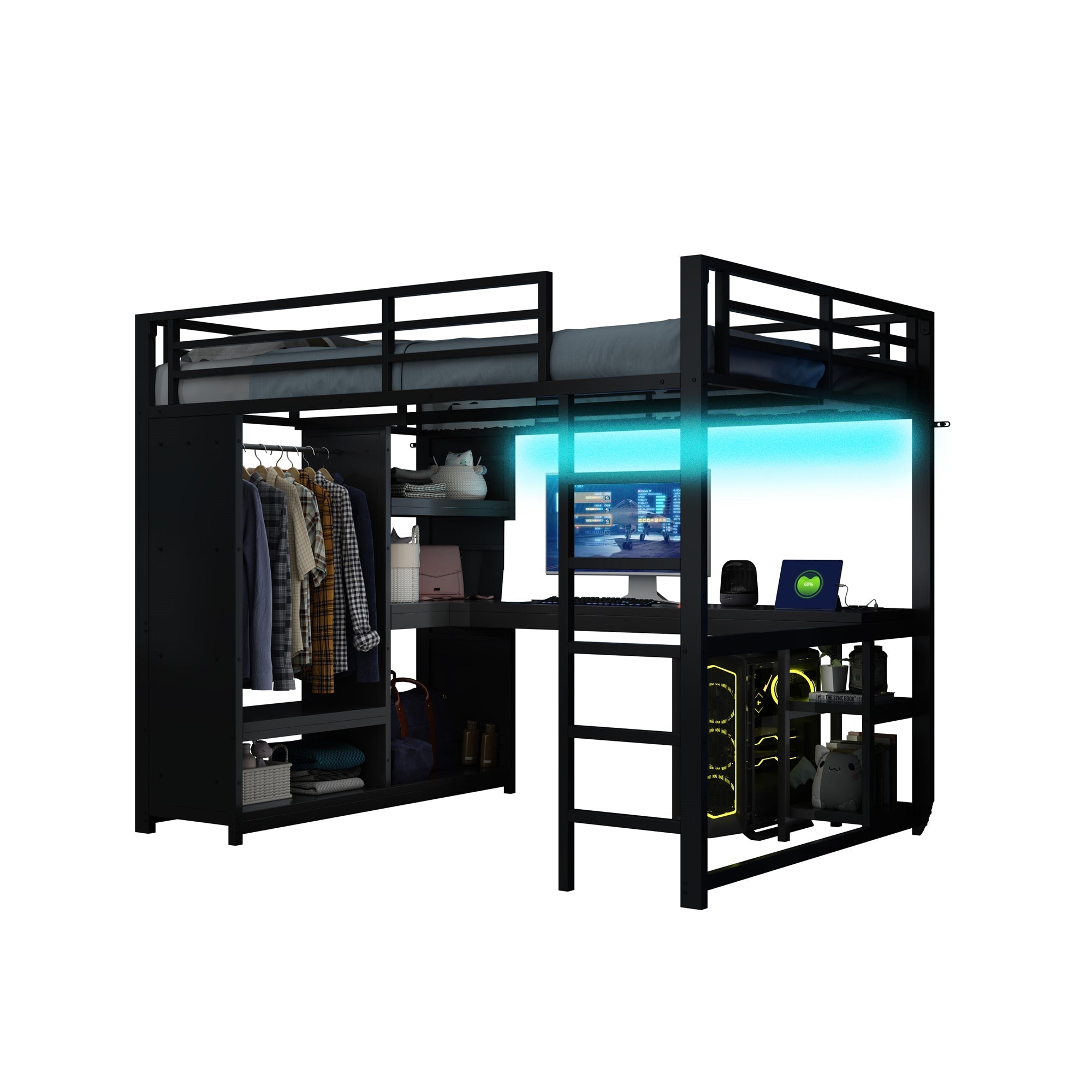 Metal Gaming Loft Bed 140x200 LED Desk Wardrobe Storage - Black