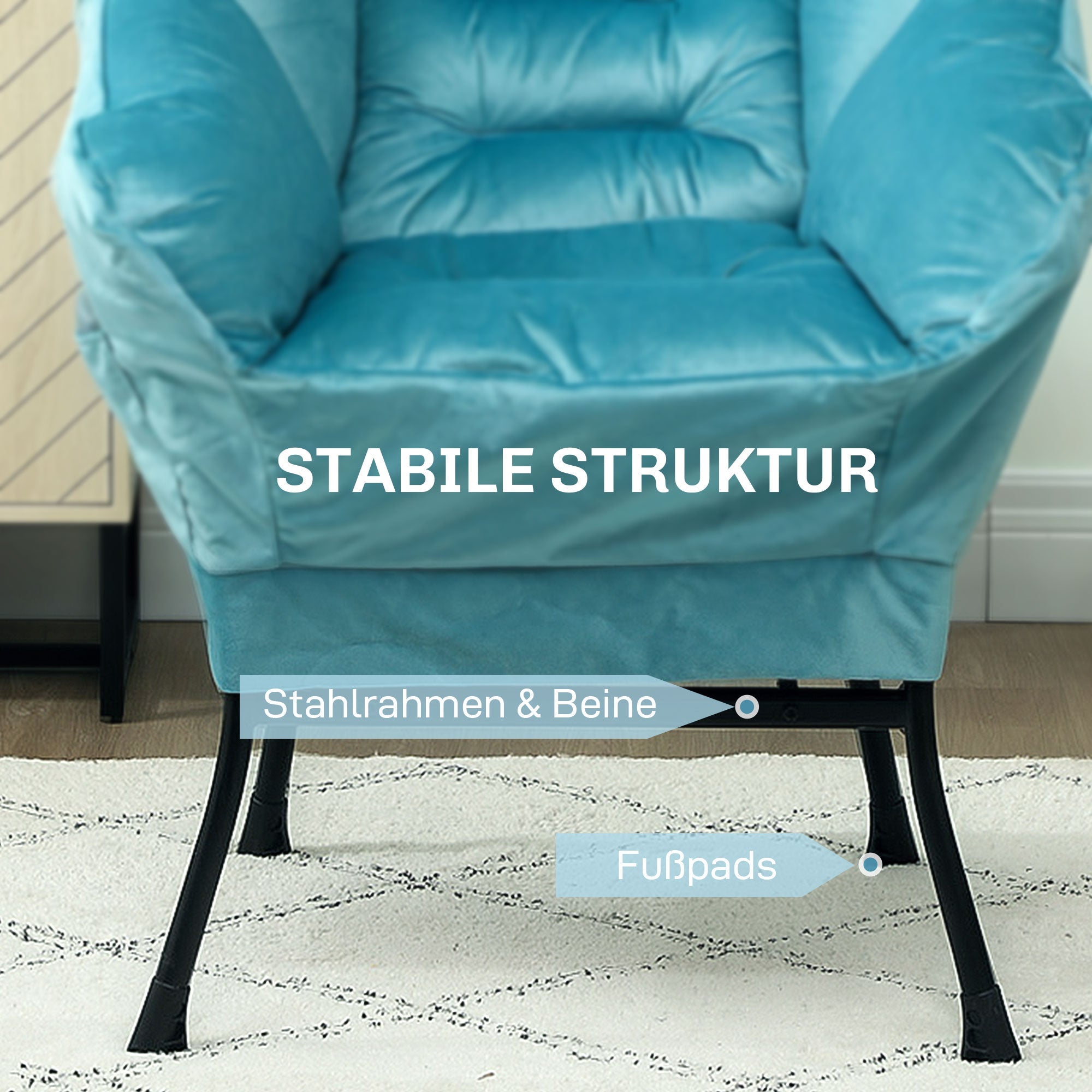 Sessel Loungesessel, Seitentasche, Stahlbeine, Blau