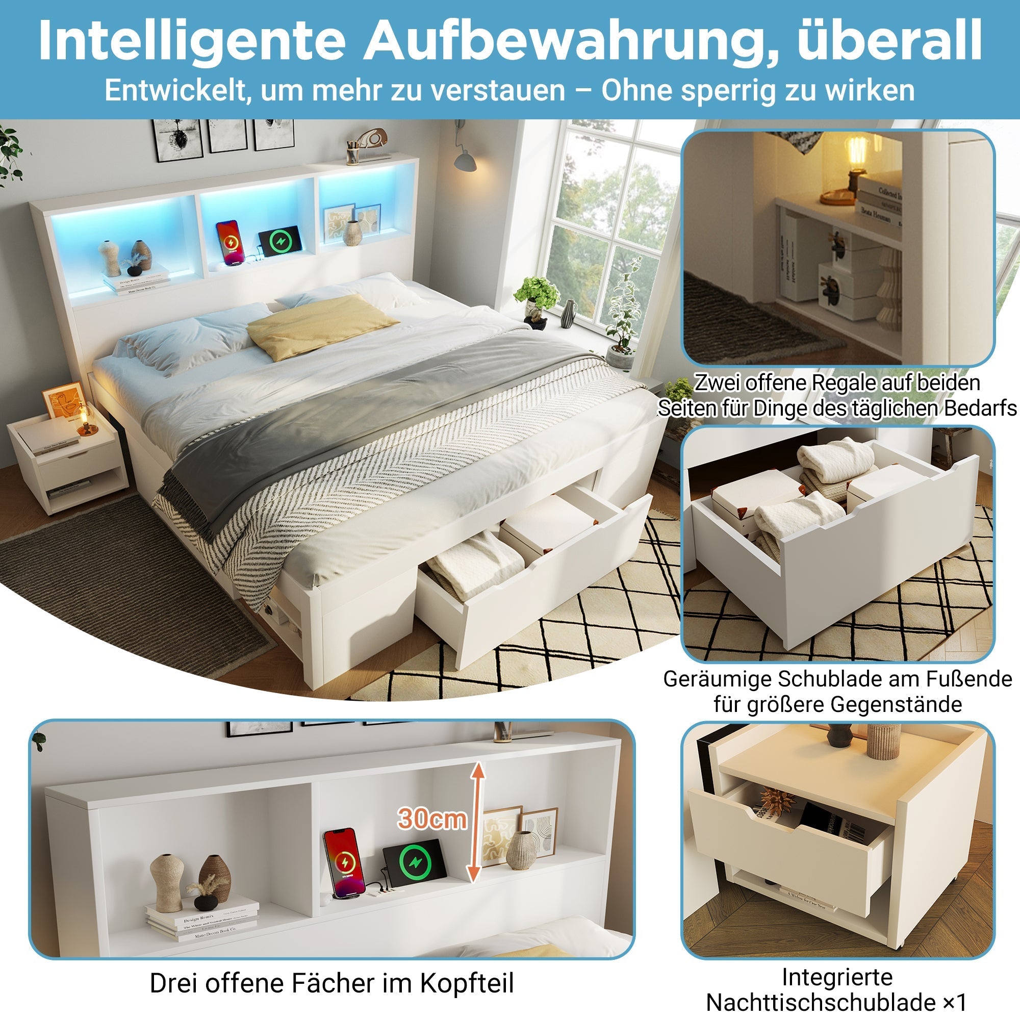 Functional Bed with LED, USB-C Charging, Storage and Movable Bedside Table, 90x200cm, White Wood