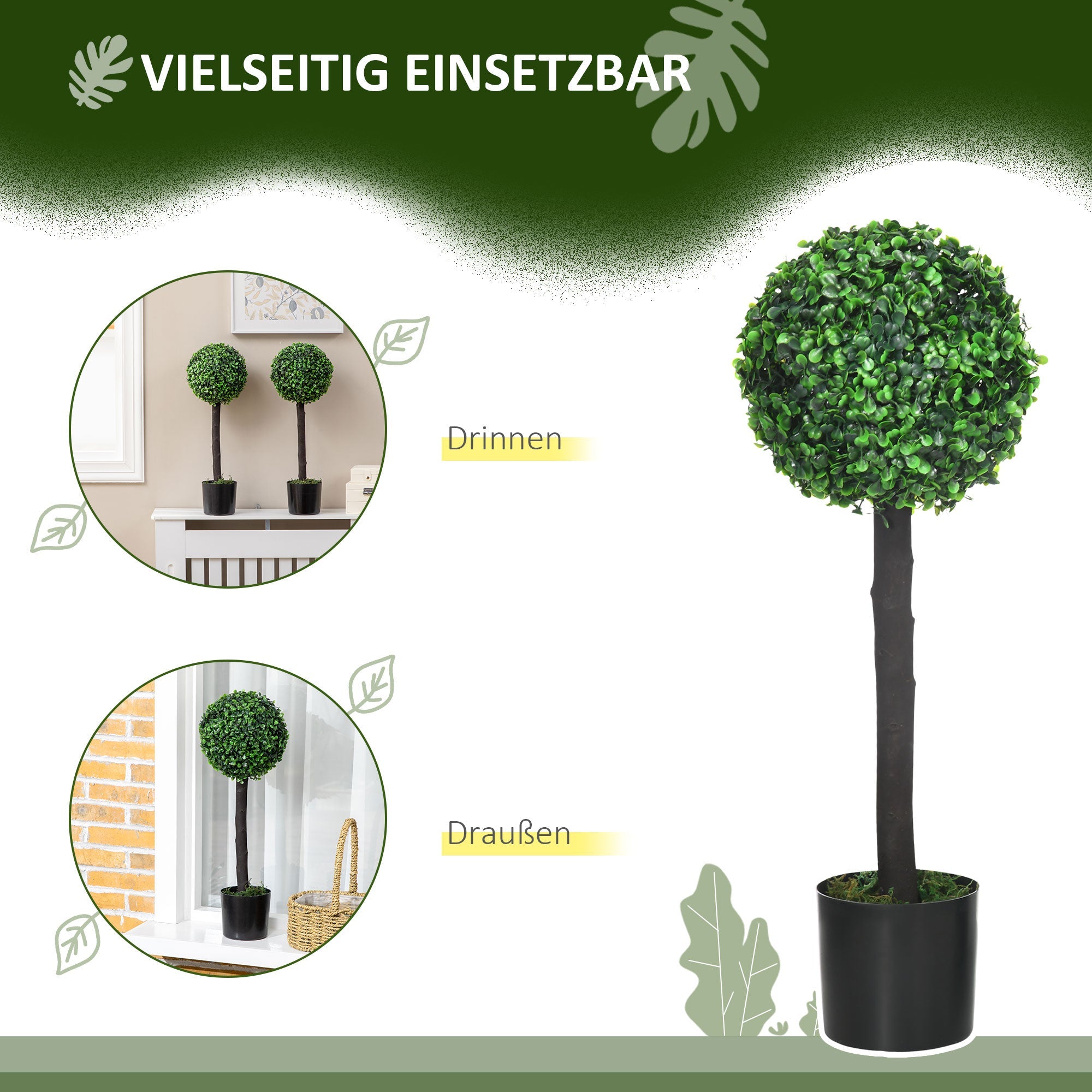 Artificial Plants, 2-Piece 60cm UV-Resistant Boxwood with Flower Pot, Green PEVA