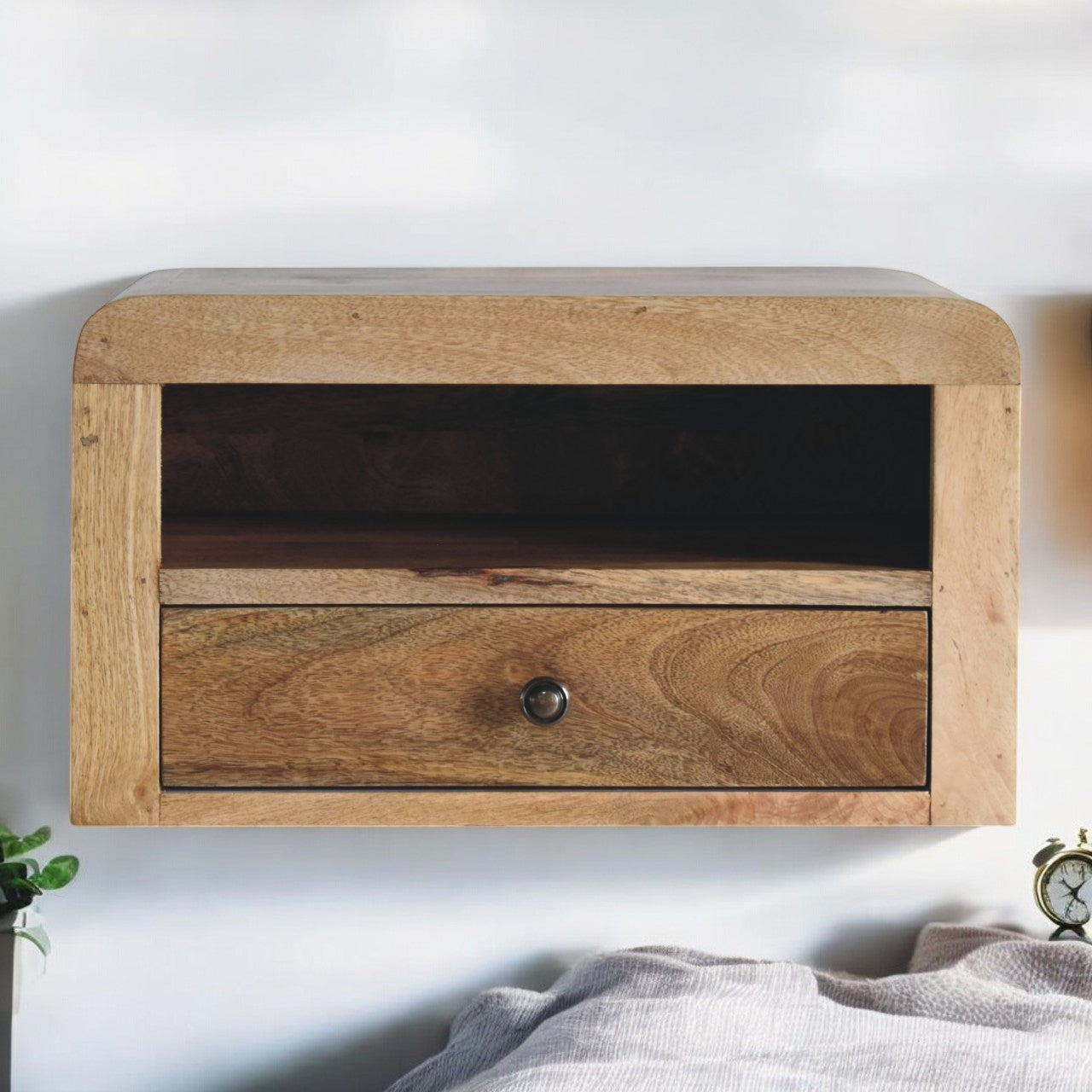 Solid Wood Chunky Floating Bedside, 1 Drawer & Open-Shelf, Oak-ish Brown
