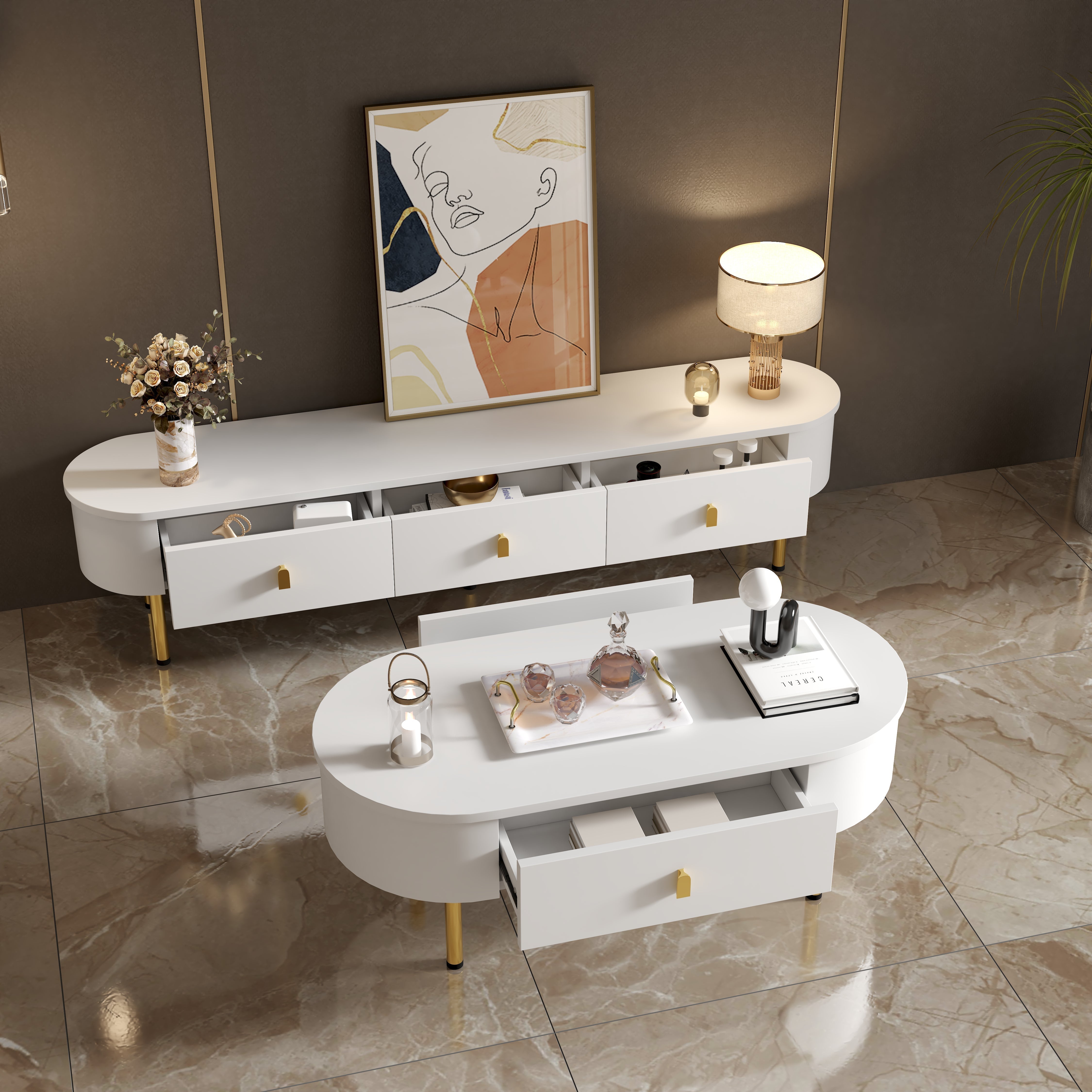 TV Cabinet Coffee Table Set, Luxury Living Room Combination with Drawers, Rounded Corners, White and Gold