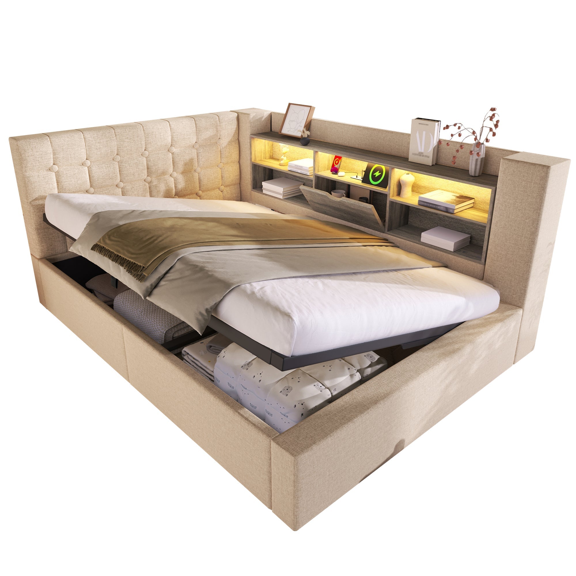 Upholstered Double Bed with LED Lighting, Hydraulic Storage and L-Shaped Headboard, Beige Linen Fabric