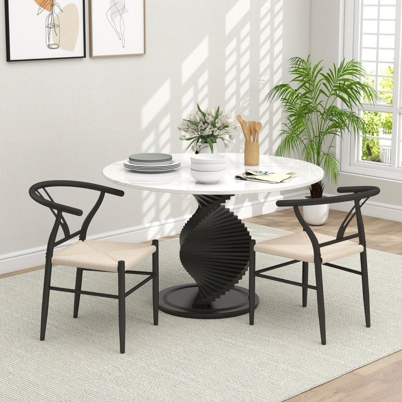 Set of Two Dining Chairs with Y-Shaped Backrest, Black/Beige Hemp