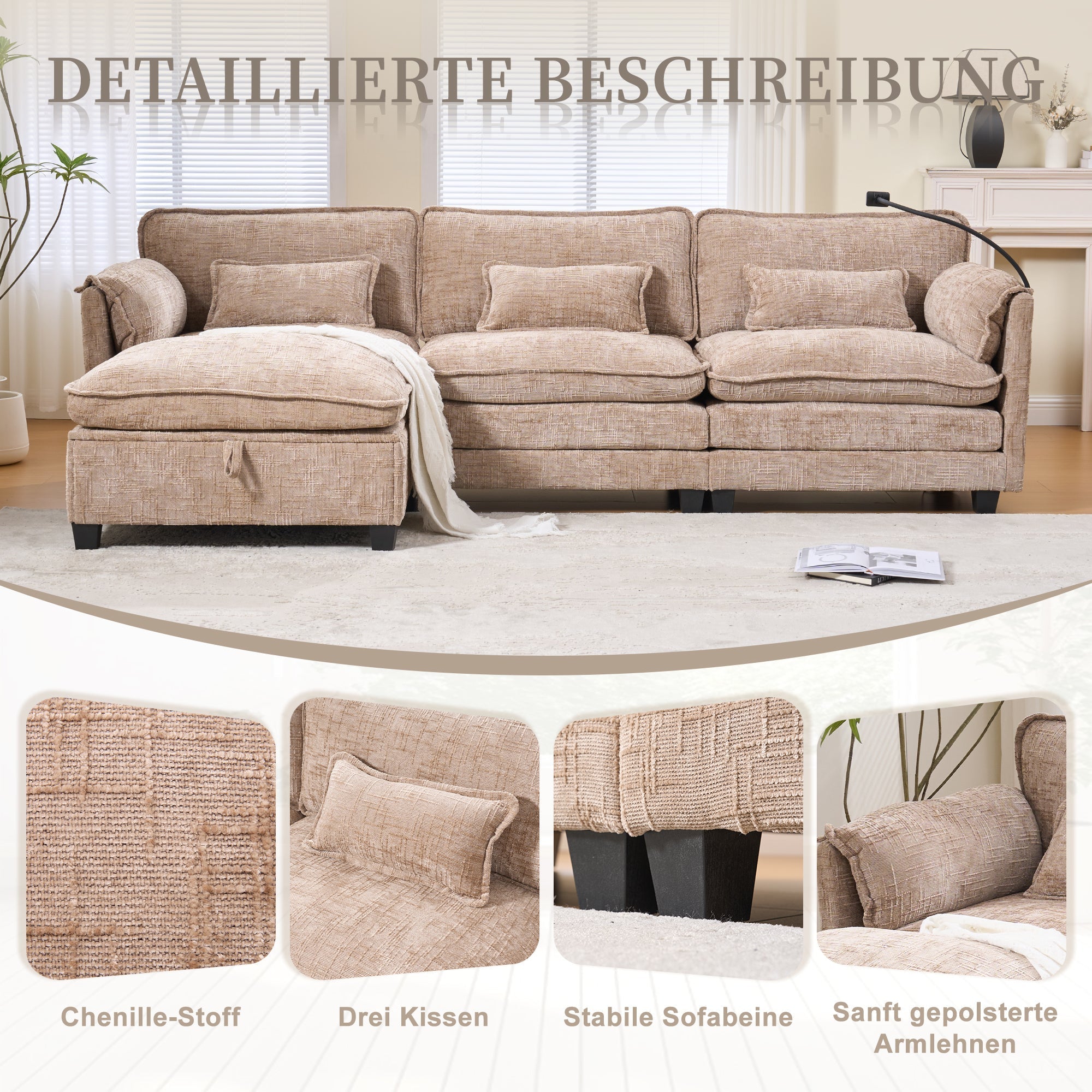 Modern 2-seater Sofa USB Storage Modular Footstool - Khaki Chenille