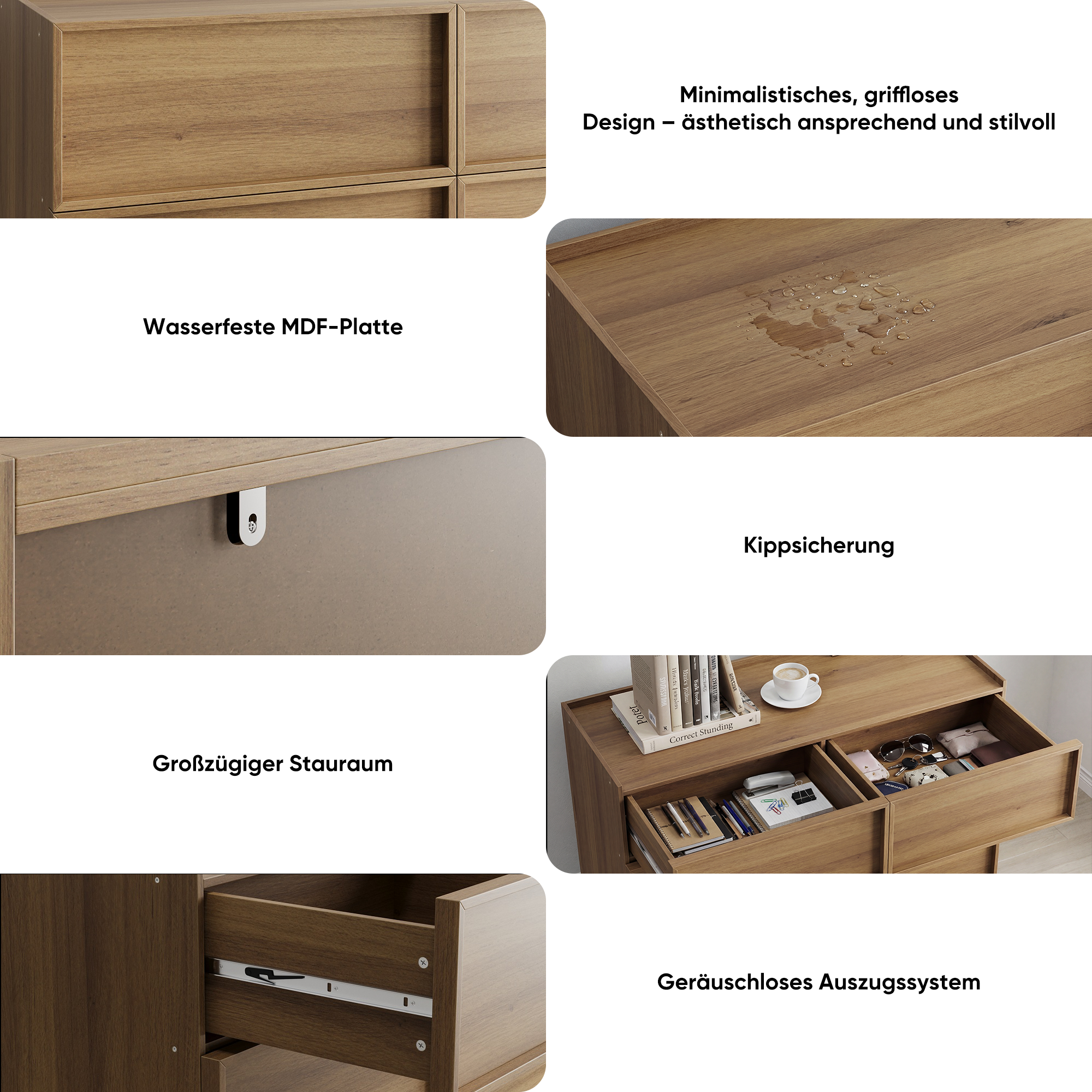 Chest of Drawers with Six Drawers and Modern Storage, 127 x 48 x 80 cm, Oak Color
