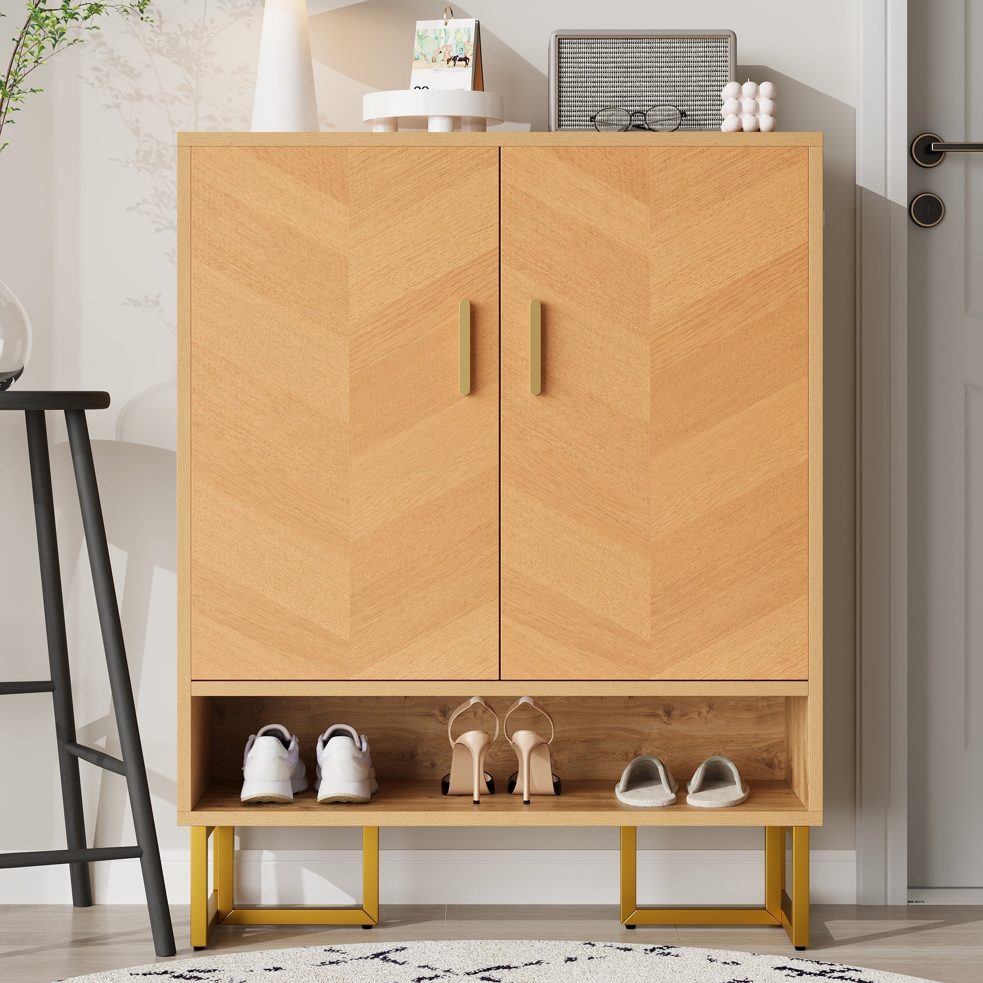 Narrow Shoe Cabinet Modern Minimalist 2-Door Storage - Wood Grain/Golden Frame