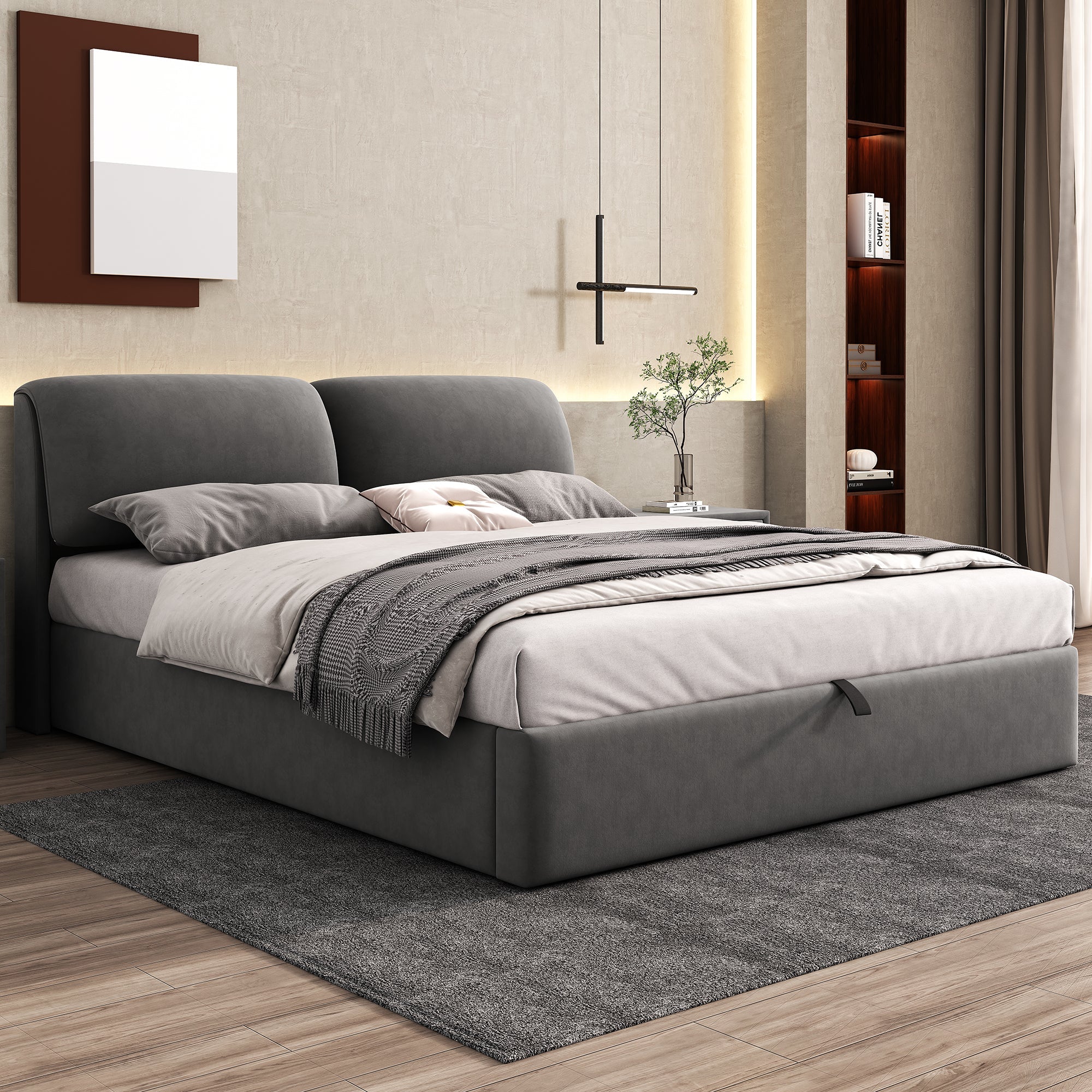 Upholstered Bed with Hydraulic Storage and Three Drawers, 160x200cm, Grey Velvet