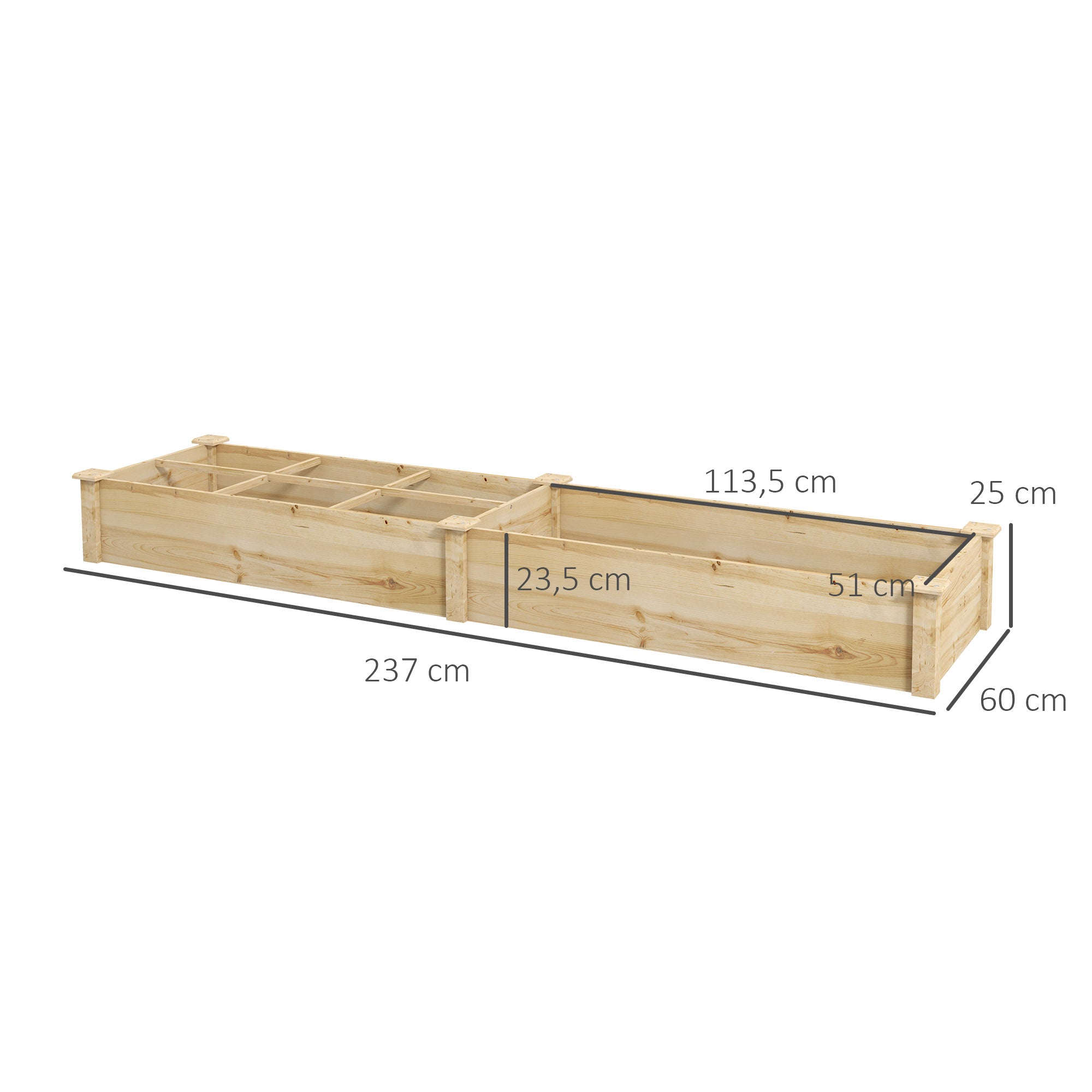 Raised Garden Bed Planter, Large 2 Compartments, 237x60x25cm, Wooden Natural