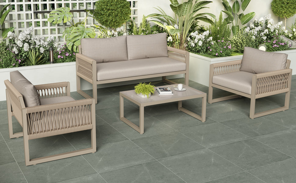 Outdoor Patio & Backyard Furniture Lounge Set for 4, Space Saving Sofa with Glass Coffee Table, Khaki