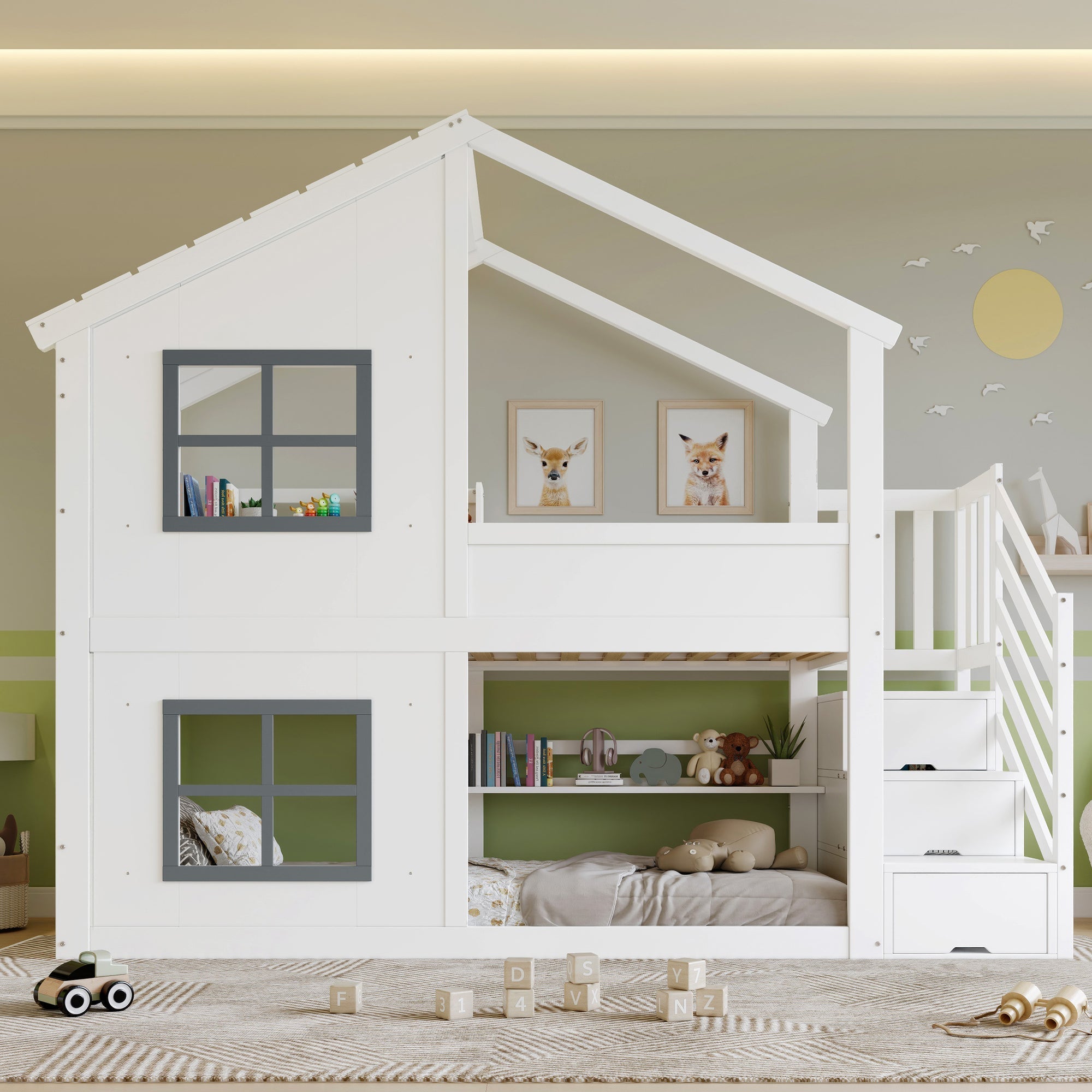 Children's Bunk Bed with Windows, Roof and Storage Cabinet, White and Grey