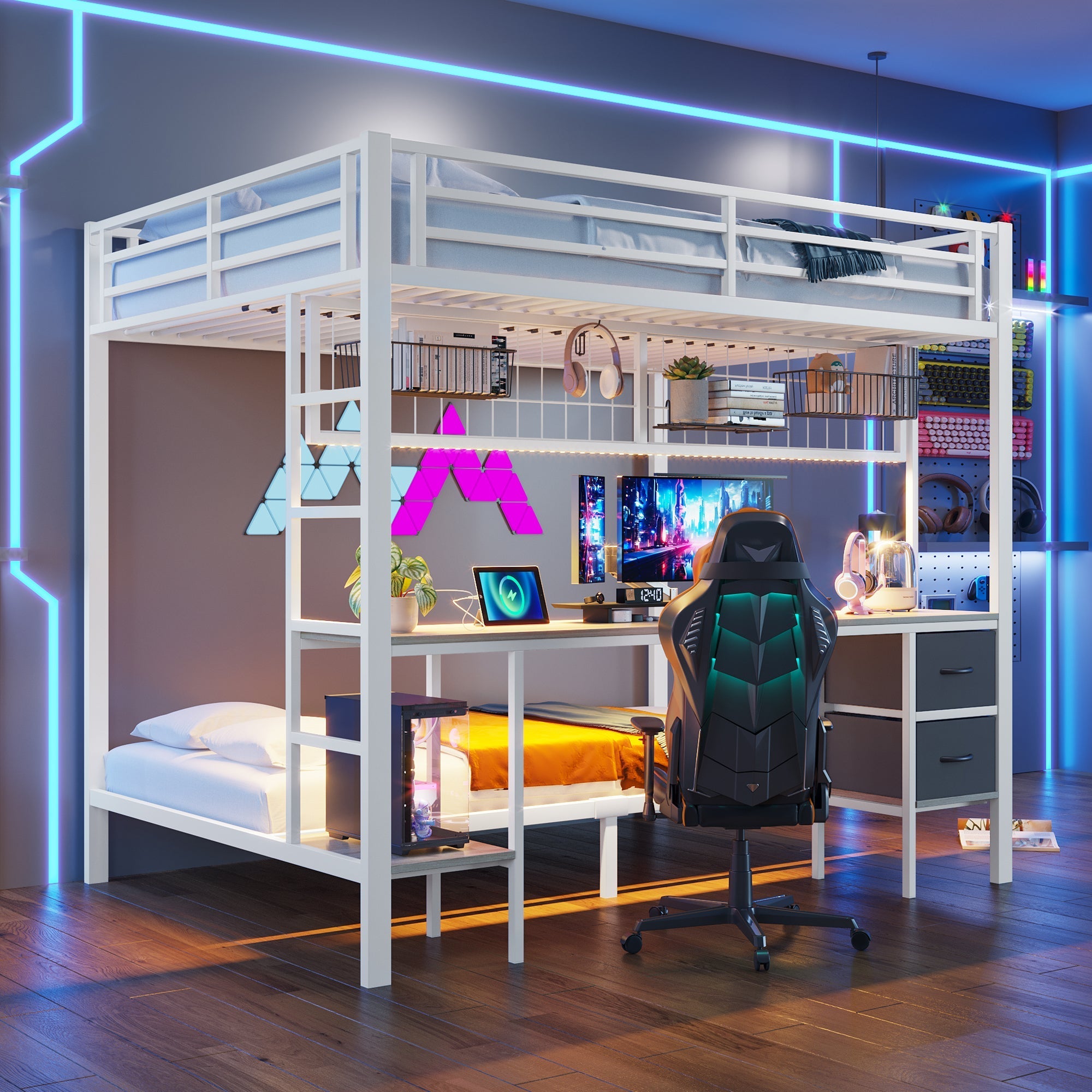 Loft Bed Desk Storage Drawers LED USB - White Iron Frame