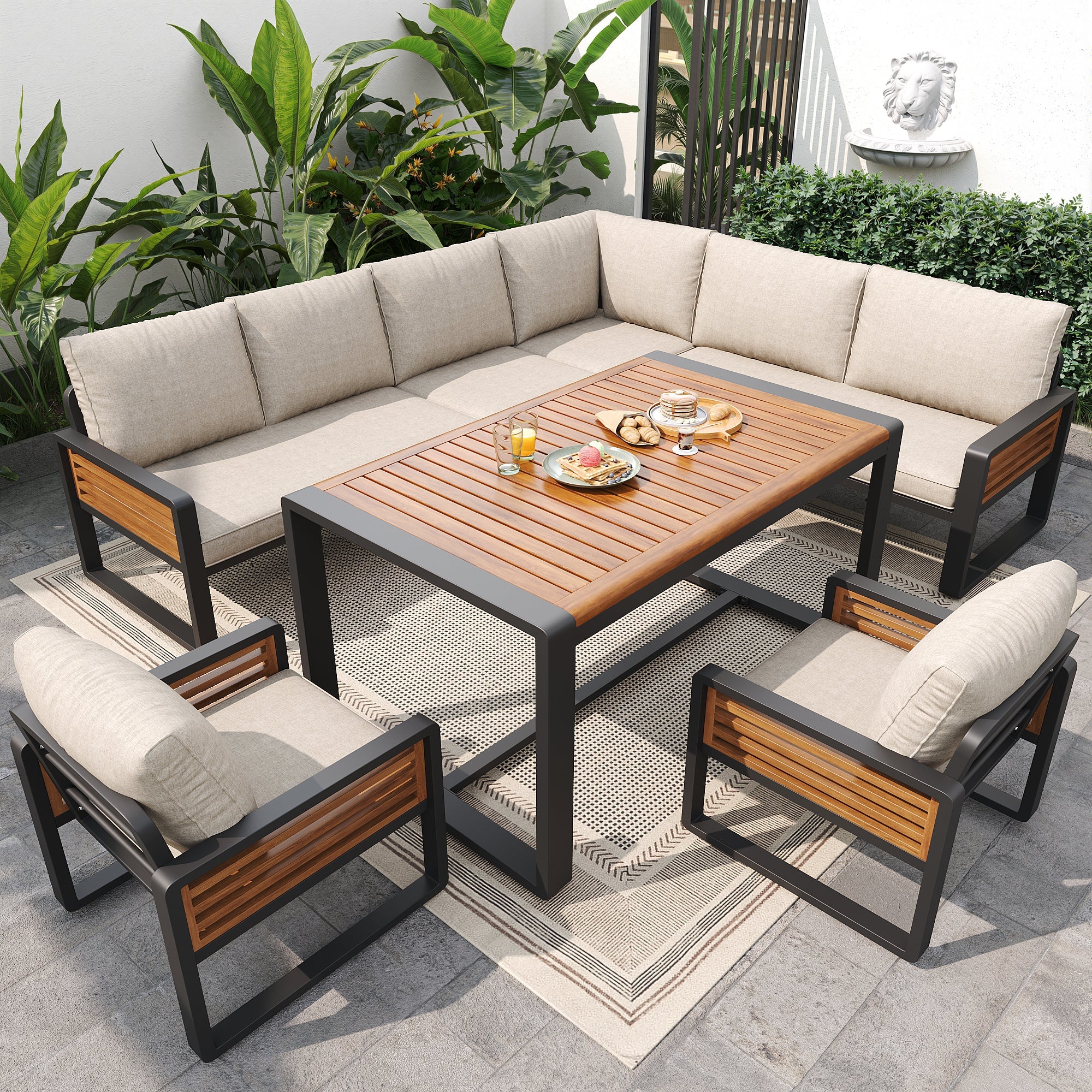 Garden Lounge Set with Solid Wood Dining Table for 8 People, Beige