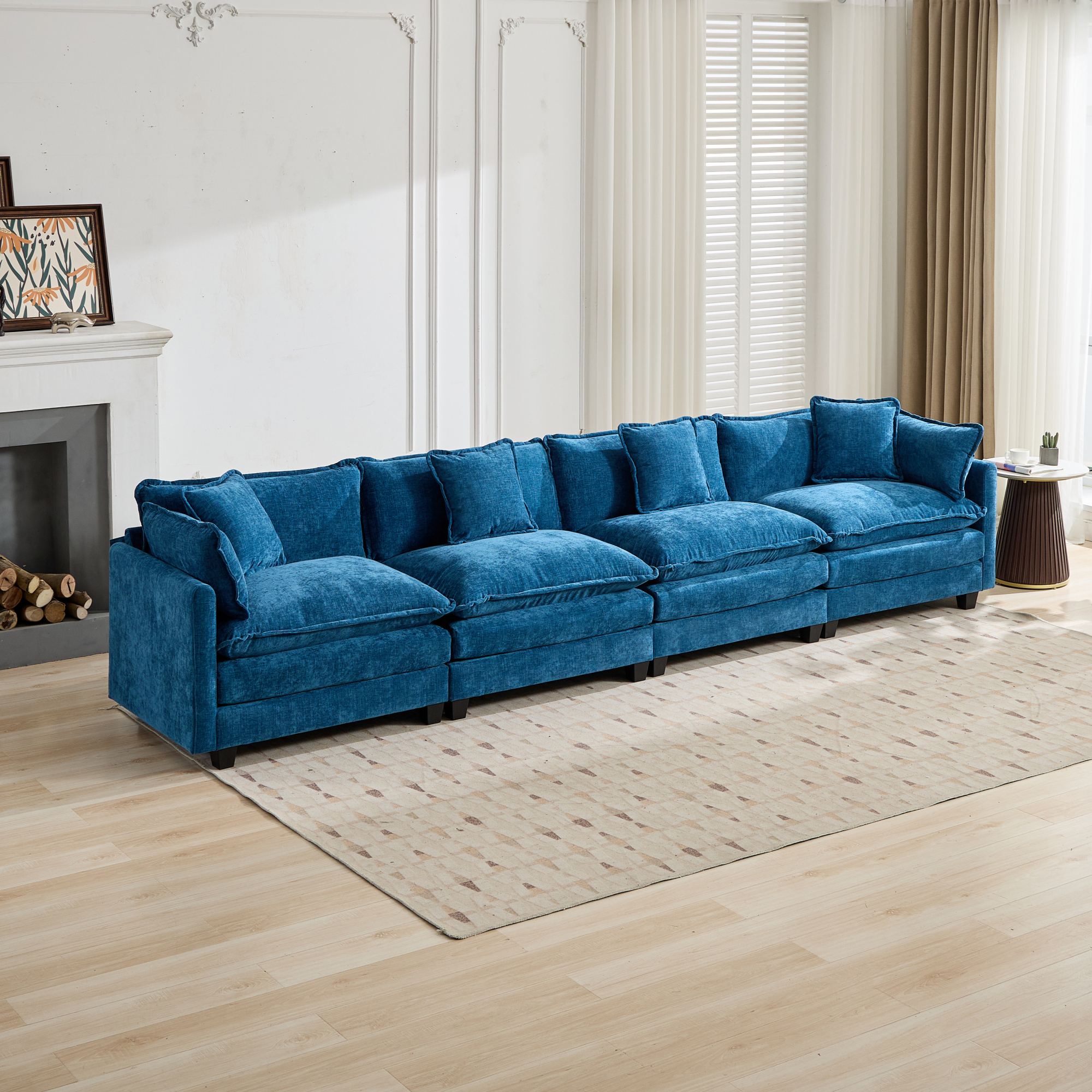 Cloud Sofa 4 Seats Sectional Couch with Double Layer Upholstered Cushion, Blue Chenille Fabric