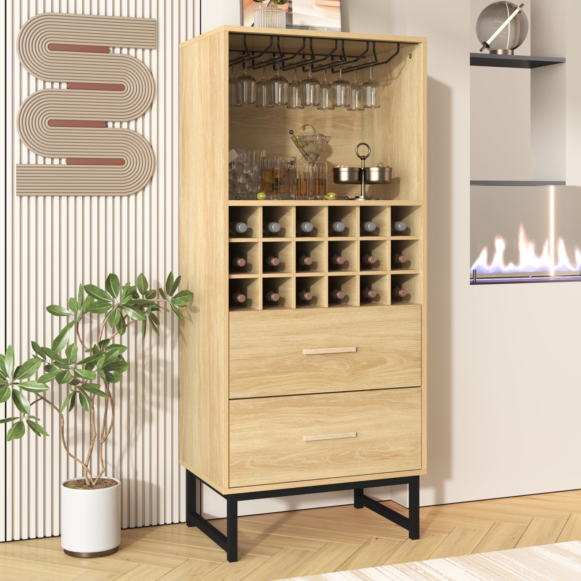 Wine Cabinet 2 Drawers 18 Compartments Glass Holder Matte Black Metal