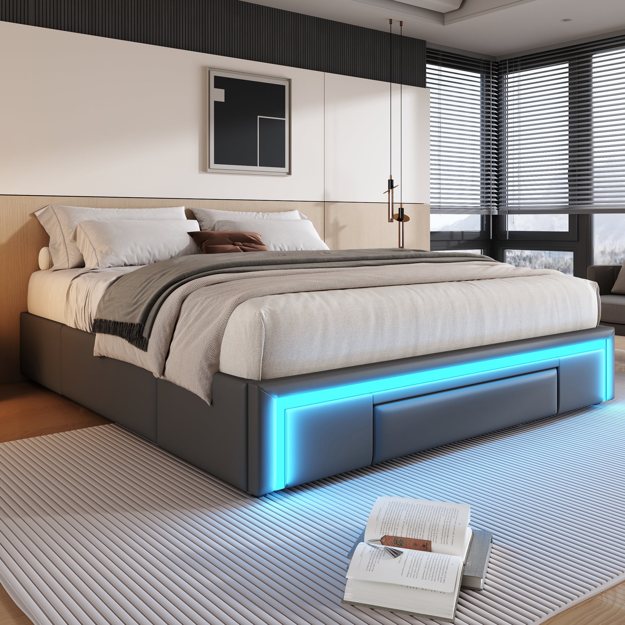 Bed Frame 160x200 with Drawers, LED Light Bar, Metal Slatted Platform, PU Leather Gray