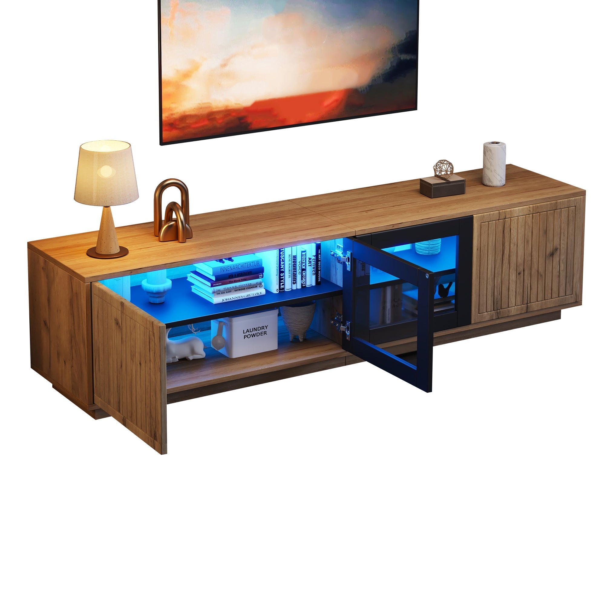 TV Cabinet 180cm for 75 Inch TV, LED Light Strip, Natural Wood & Black Glass