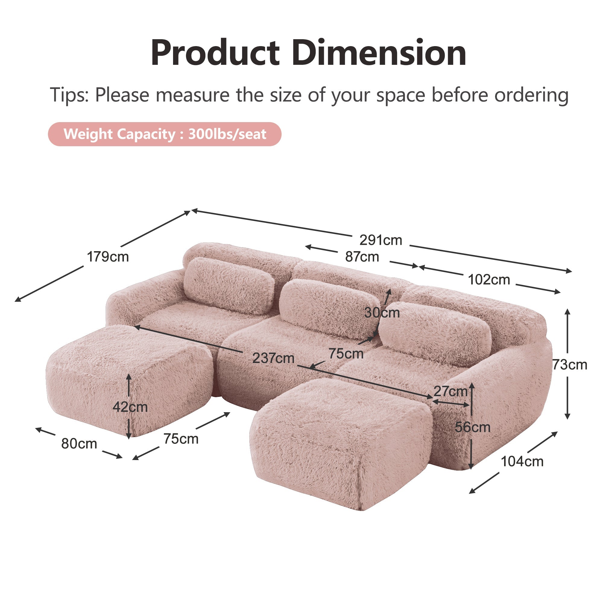U-Shaped Modular Sofa Plush No Assembly High-Resilience Foam - Pink
