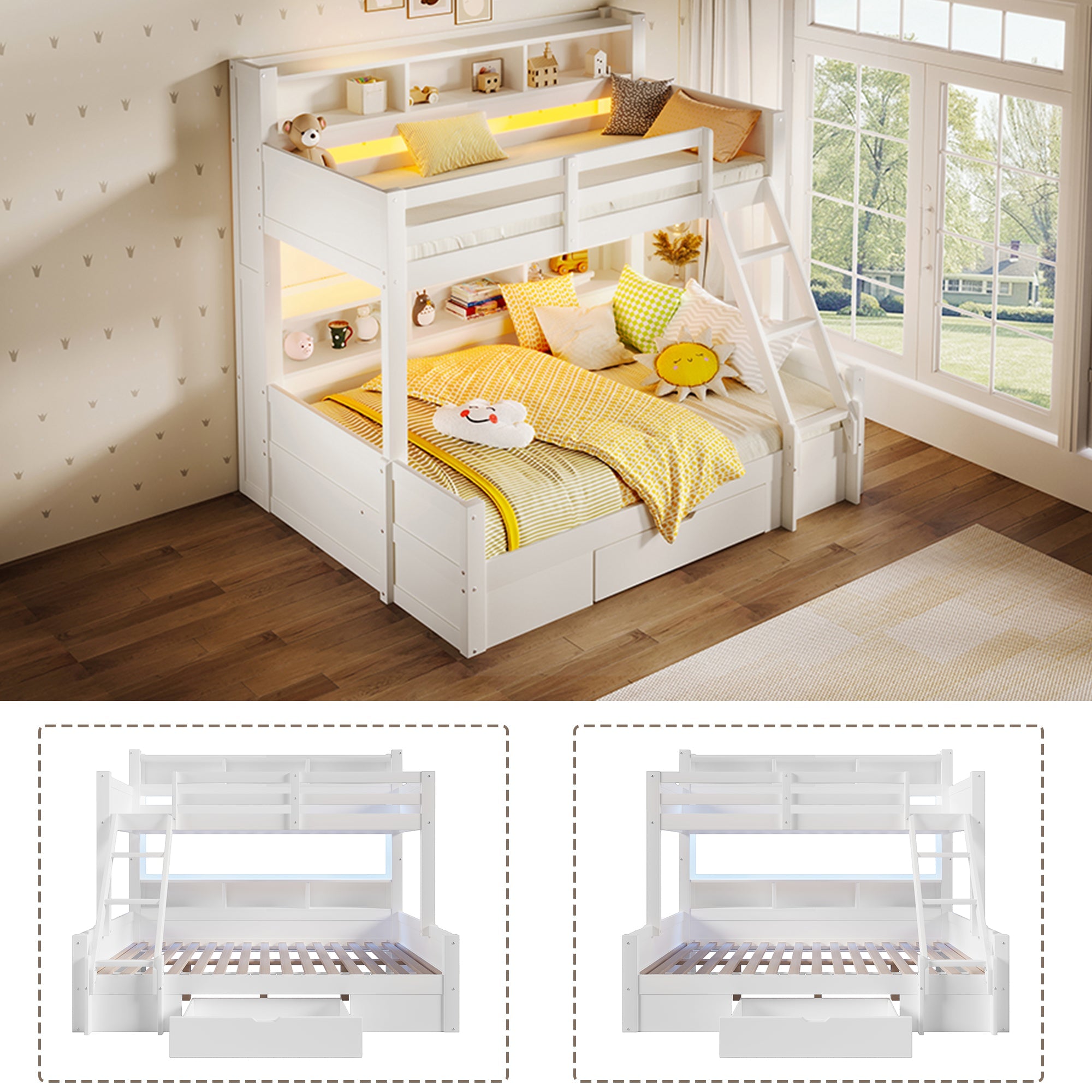 Bunk Bed with Storage Shelves, Drawer and LED Light, 90x200cm over 140x200cm, White