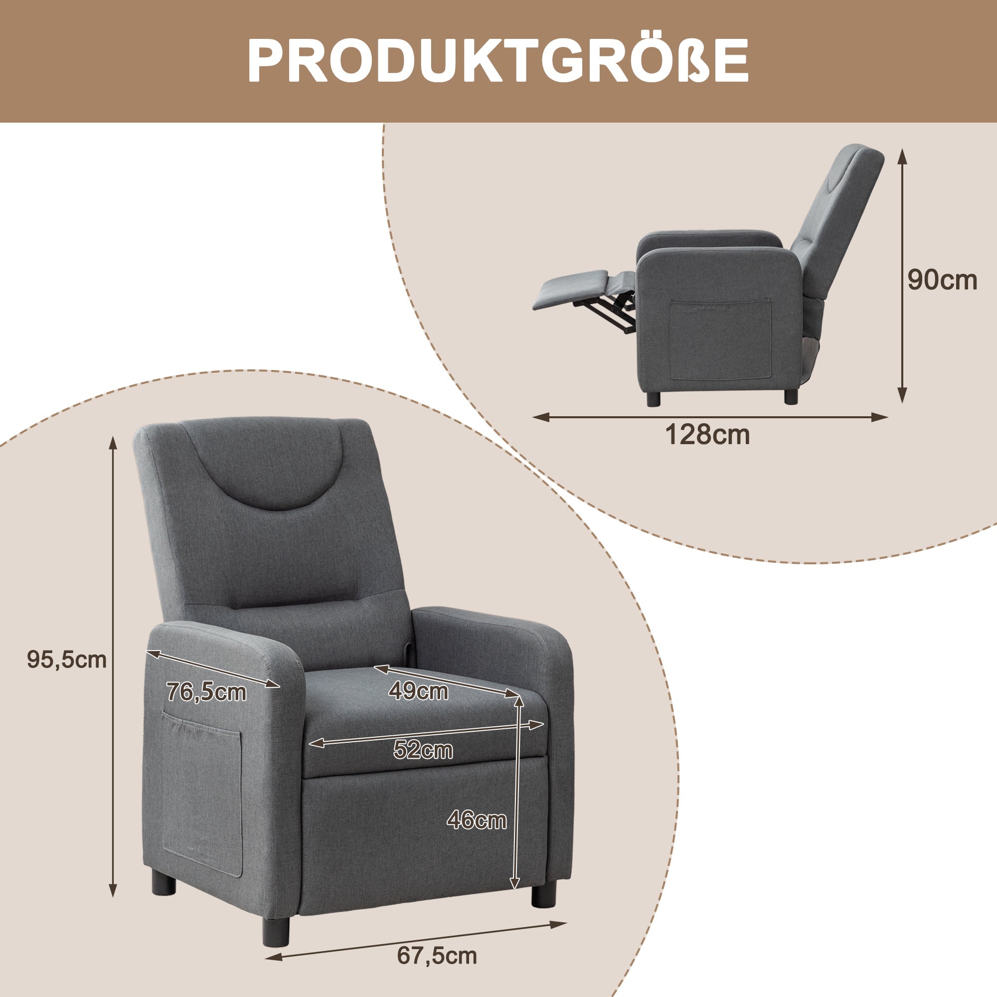 Reclining Armchair Adjustable Function - Dark Grey