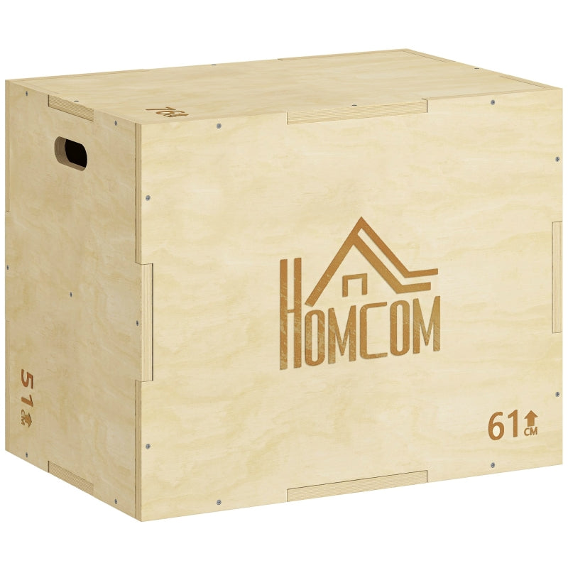 3-in-1 Wooden Plyo Box with 3 Jump Heights and Handles, 61 x 51 x 76 cm, Natural Wood