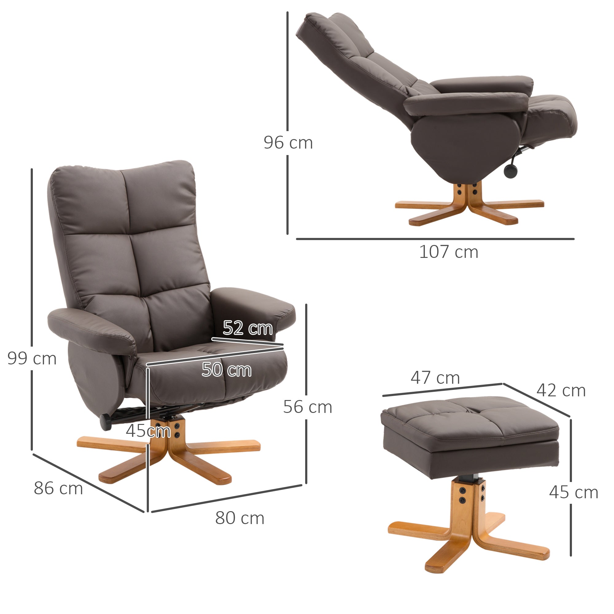 Reclining Armchair Footstool Storage Swivel, PU Wood Frame, Brown