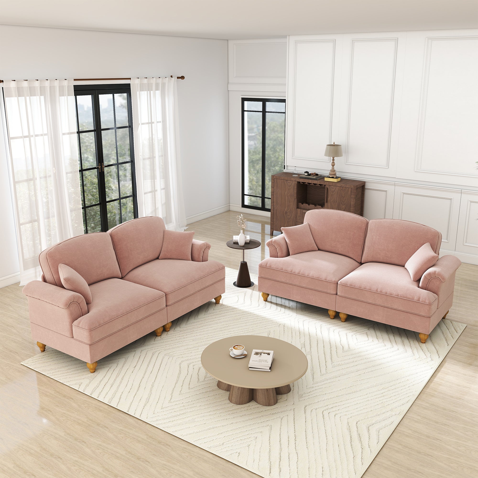 L-Shaped 2-Seater Sofa Mid-Century Movable Ottoman Chenille - Pink